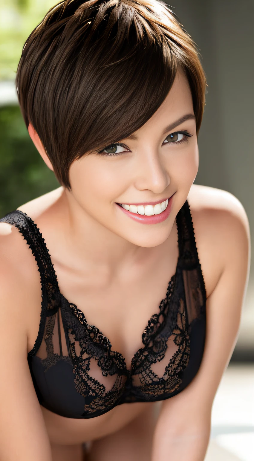 Short-haired boyish shorthair Lingerie Brown hair huge tit A big smile