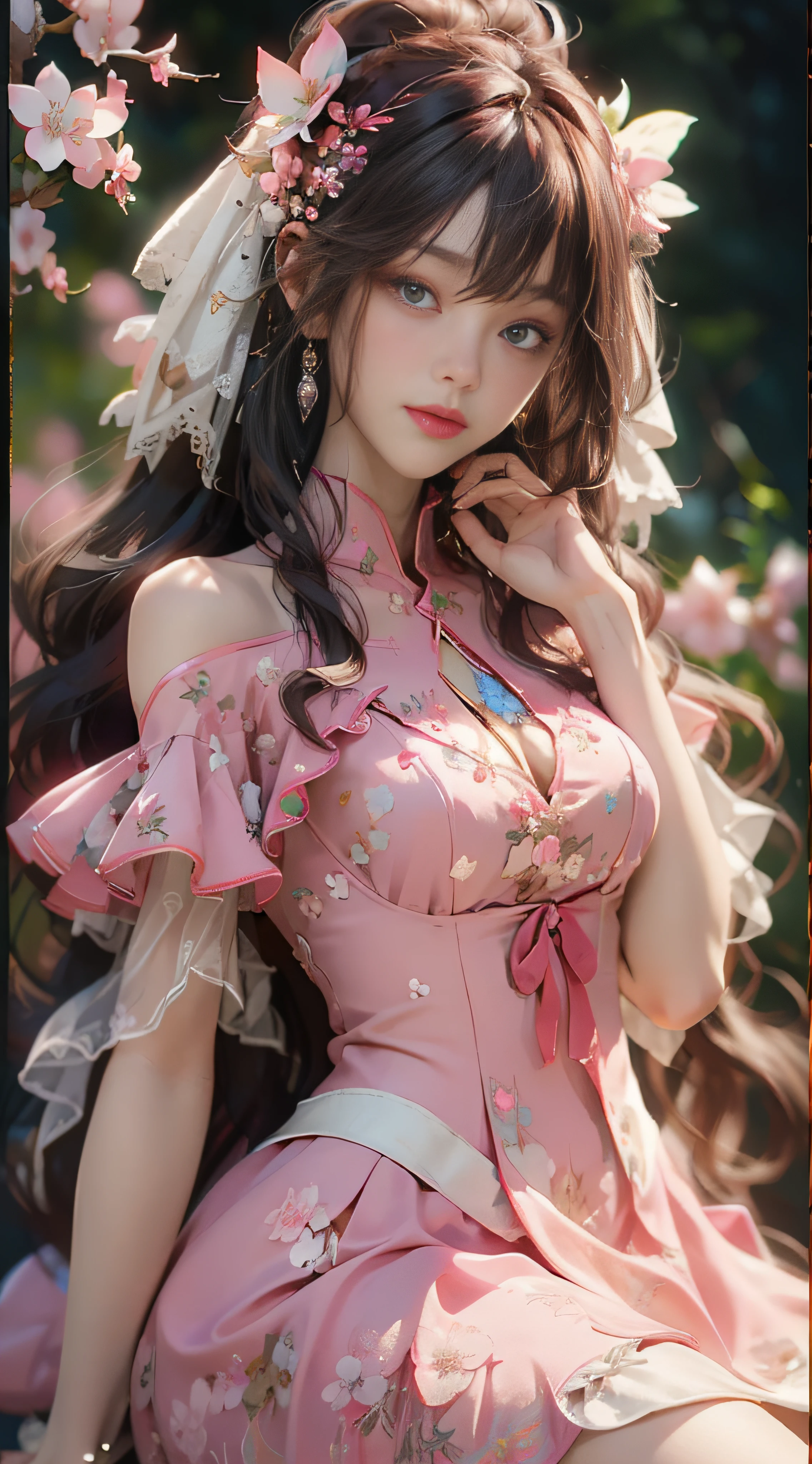((best qualtiy)), ((tmasterpiece)), (detail:1.4), Beautiful cyberpunk female images,hdr(HighDynamicRange),Ray traching,NVIDIA RTX,Hyper-Resolution,illusory 5,sub surface scattering,PBR textures,post-proces,Anisotropy Filtering,depth of fields,maximum definition and sharpness,Many-Layer Textures,Albedo e mapas Speculares,Surface coloring,Mitsu-Accurate simulation of material interactions,perfectly proportioned,rendering by octane,Two-colored light,largeaperture,Low ISO,White balance,Rule three points、8K raw data、Beautiful bright blue pupils,off-the-shoulder clothes,Fine pupils,Delicate face and eyes,long eyelasher,Blushlush,Delicate and fluffy hair,pink lip,Pure,Cute face,Sweet girl,Artistic sense,Casual wear,Advancedsense,butterflys,Cherry blossom petal,Beautiful hair accessories,Long hair and waist,Hair fluttering in the wind,wedding gown,curlies