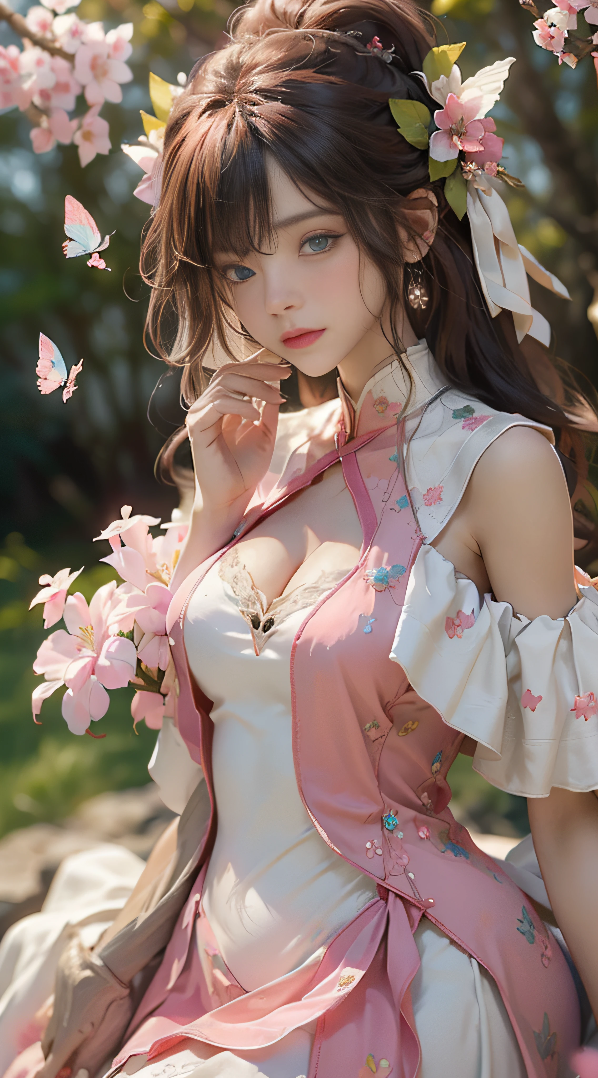 ((best qualtiy)), ((tmasterpiece)), (detail:1.4), Beautiful cyberpunk female images,hdr(HighDynamicRange),Ray traching,NVIDIA RTX,Hyper-Resolution,illusory 5,sub surface scattering,PBR textures,post-proces,Anisotropy Filtering,depth of fields,maximum definition and sharpness,Many-Layer Textures,Albedo e mapas Speculares,Surface coloring,Mitsu-Accurate simulation of material interactions,perfectly proportioned,rendering by octane,Two-colored light,largeaperture,Low ISO,White balance,Rule three points、8K raw data、Beautiful bright blue pupils,off-the-shoulder clothes,Fine pupils,Delicate face and eyes,long eyelasher,Blushlush,Delicate and fluffy hair,pink lip,Pure,Cute face,Sweet girl,Artistic sense,Casual wear,Advancedsense,butterflys,Cherry blossom petal,Beautiful hair accessories,Long hair and waist,Hair fluttering in the wind,wedding gown,curlies
