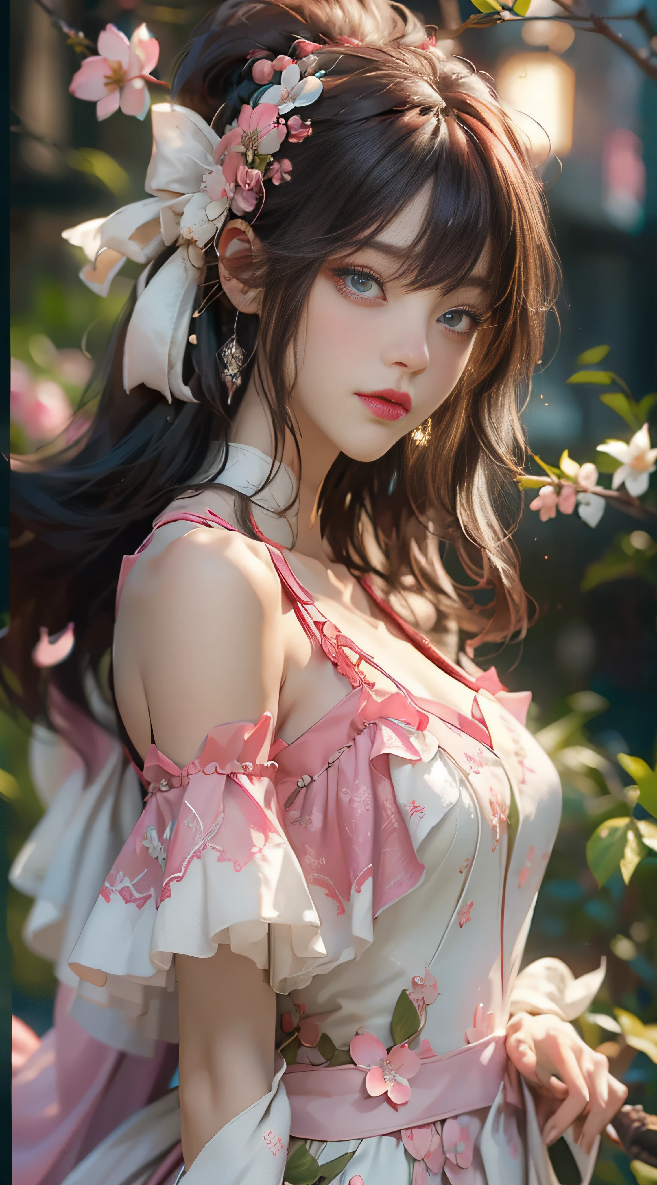((best qualtiy)), ((tmasterpiece)), (detail:1.4), Beautiful cyberpunk female images,hdr(HighDynamicRange),Ray traching,NVIDIA RTX,Hyper-Resolution,illusory 5,sub surface scattering,PBR textures,post-proces,Anisotropy Filtering,depth of fields,maximum definition and sharpness,Many-Layer Textures,Albedo e mapas Speculares,Surface coloring,Mitsu-Accurate simulation of material interactions,perfectly proportioned,rendering by octane,Two-colored light,largeaperture,Low ISO,White balance,Rule three points、8K raw data、Beautiful bright blue pupils,off-the-shoulder clothes,Fine pupils,Delicate face and eyes,long eyelasher,Blushlush,Delicate and fluffy hair,pink lip,Pure,Cute face,Sweet girl,Artistic sense,Casual wear,Advancedsense,butterflys,Cherry blossom petal,Beautiful hair accessories,Long hair and waist,Hair fluttering in the wind,wedding gown,curlies