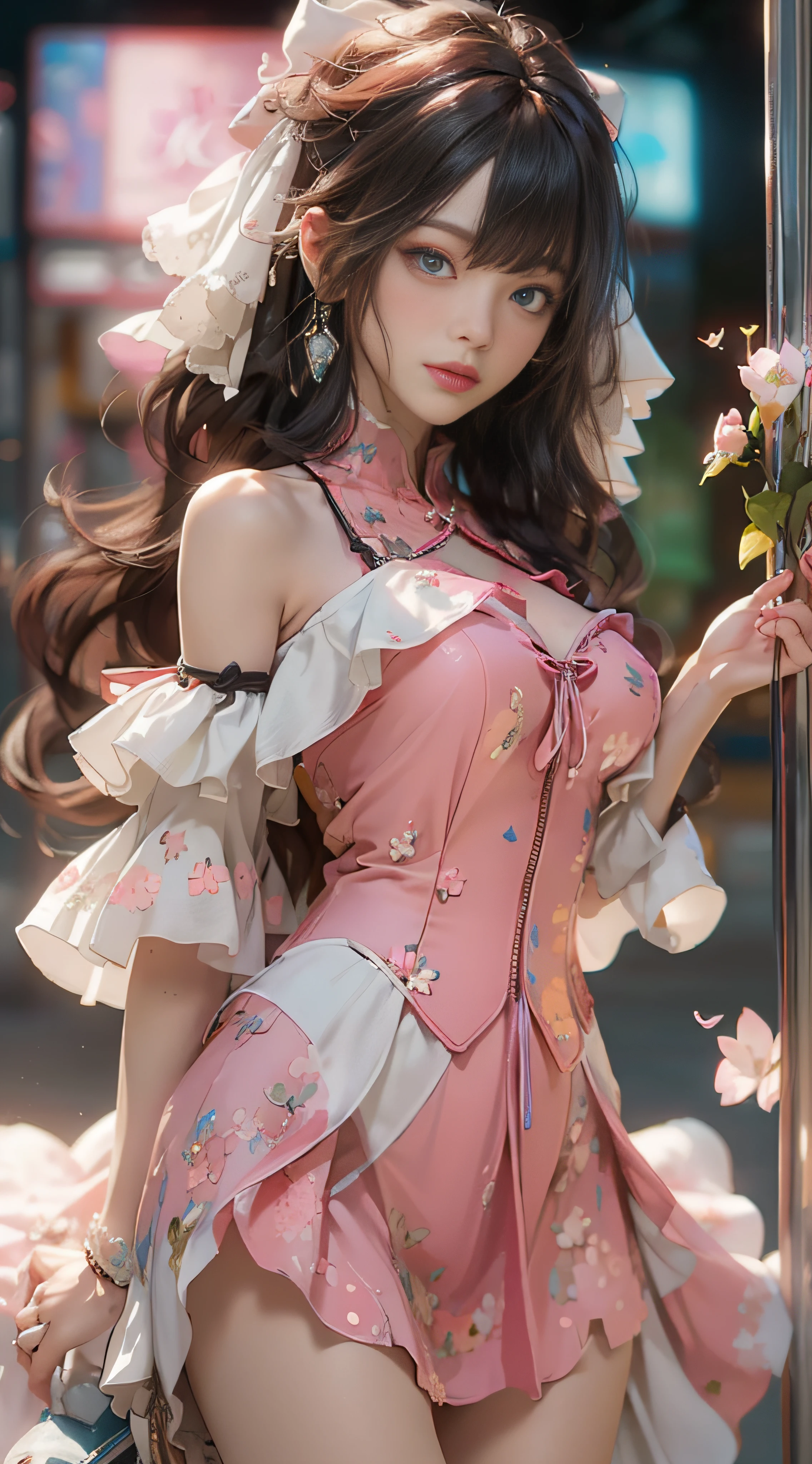 ((best qualtiy)), ((tmasterpiece)), (detail:1.4), Beautiful cyberpunk female images,hdr(HighDynamicRange),Ray traching,NVIDIA RTX,Hyper-Resolution,illusory 5,sub surface scattering,PBR textures,post-proces,Anisotropy Filtering,depth of fields,maximum definition and sharpness,Many-Layer Textures,Albedo e mapas Speculares,Surface coloring,Mitsu-Accurate simulation of material interactions,perfectly proportioned,rendering by octane,Two-colored light,largeaperture,Low ISO,White balance,Rule three points、8K raw data、Beautiful bright blue pupils,off-the-shoulder clothes,Fine pupils,Delicate face and eyes,long eyelasher,Blushlush,Delicate and fluffy hair,pink lip,Pure,Cute face,Sweet girl,Artistic sense,Casual wear,Advancedsense,butterflys,Cherry blossom petal,Beautiful hair accessories,Long hair and waist,Hair fluttering in the wind,wedding gown,curlies