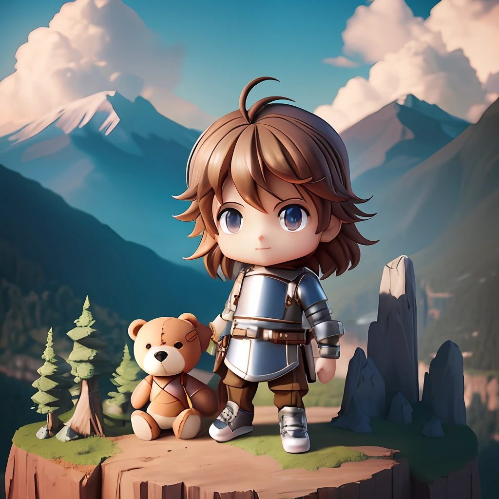 Teddy bear and boy standing on a cliff, cute detailed digital art, cute 3d render, Adorable Digital Painting, Advanced Digital Chibi Art, small character. unreal enginee 5, Male explorer mini cute boy, high quality character design, style as nendoroid, children's art in artstation, Cute digital art, Nendoroid 3D