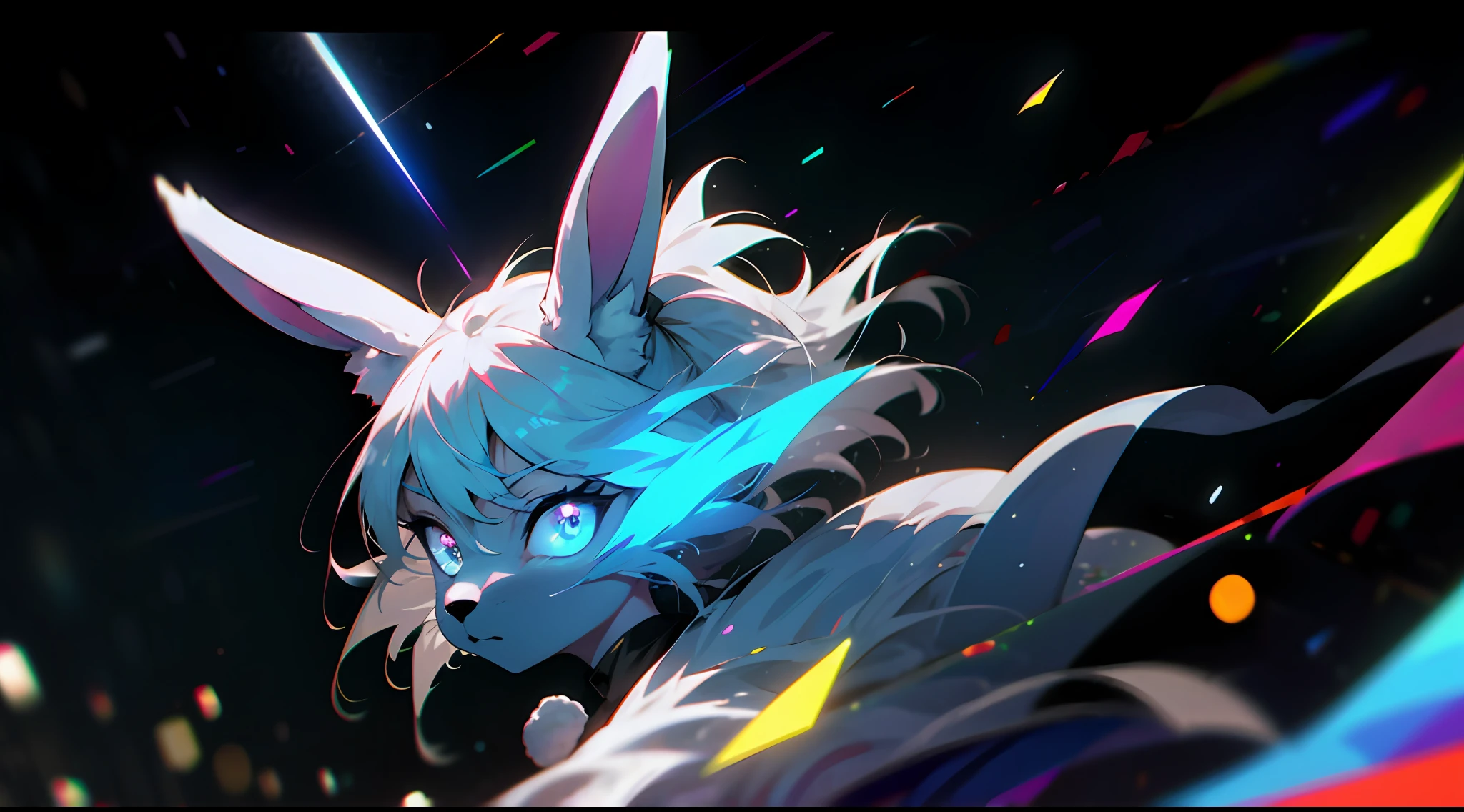 anime poster with lots of armored furry anthro kemono rabbits, furry anthro kemono rabbit wearing bunny ears, furry anthro kemono blue-furred rabbit, (bna beastars rabbit), (glowing stars through the air:1.1), blurry background, bokeh, depth of field, starry skyline, far from city, alone, fearful, hopeless, magic, magical, fantastic, dark hue, haze