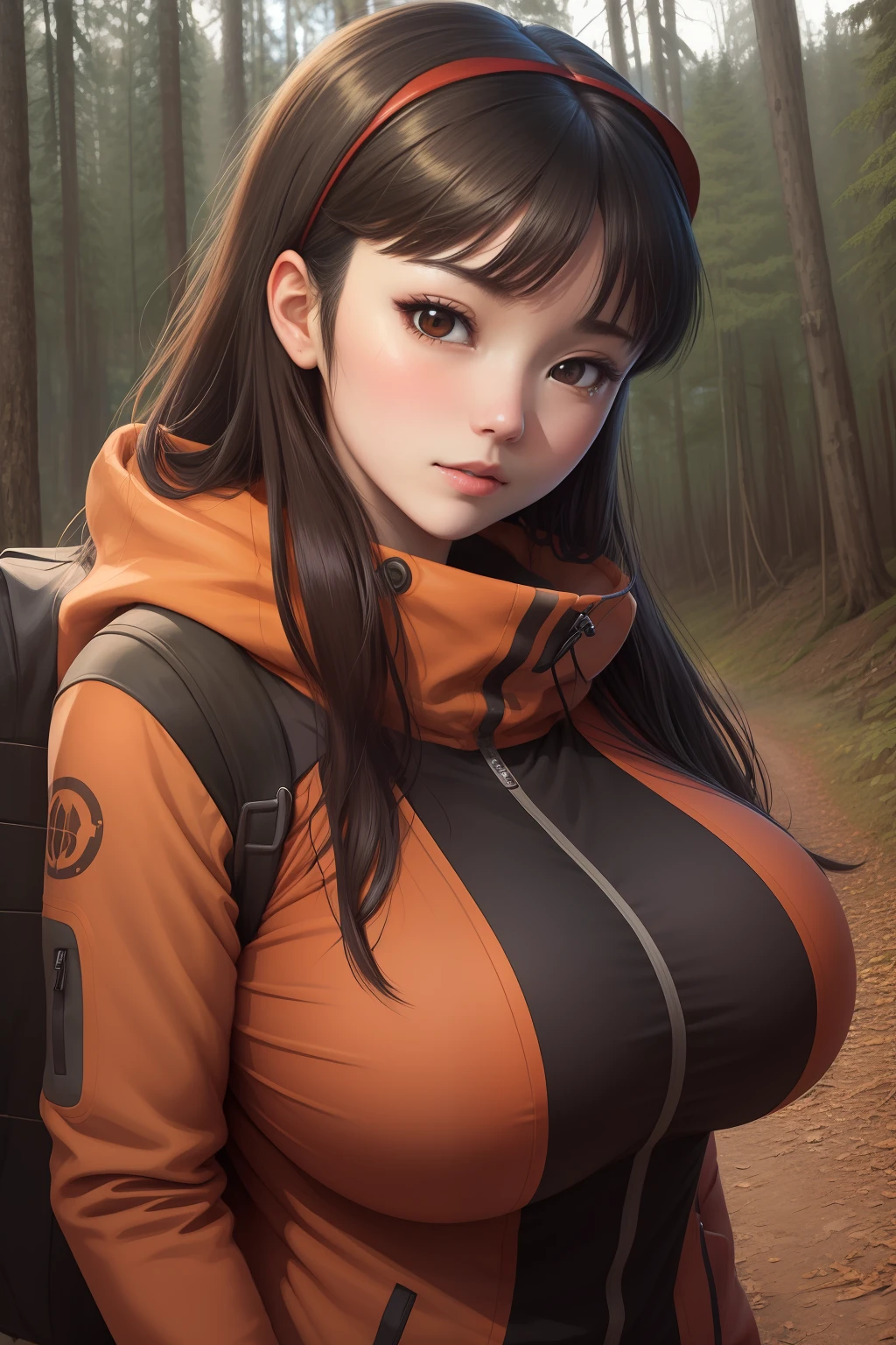 (Best quality), Big head, face confused, (yukiko with huge breasts:1.2) Wear hiking clothes in the forest, at winter season, Portrait