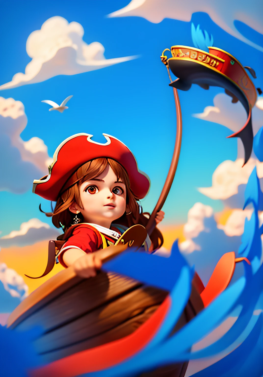 Pirates drive pirate ships,Pirates are fishing,Big fish,swell sea,water bloom,Pirate sails,a pirate,Black hat,brown hair,Red clothes,with blue sky and white clouds,having fun,Sail,oar,seagulls
