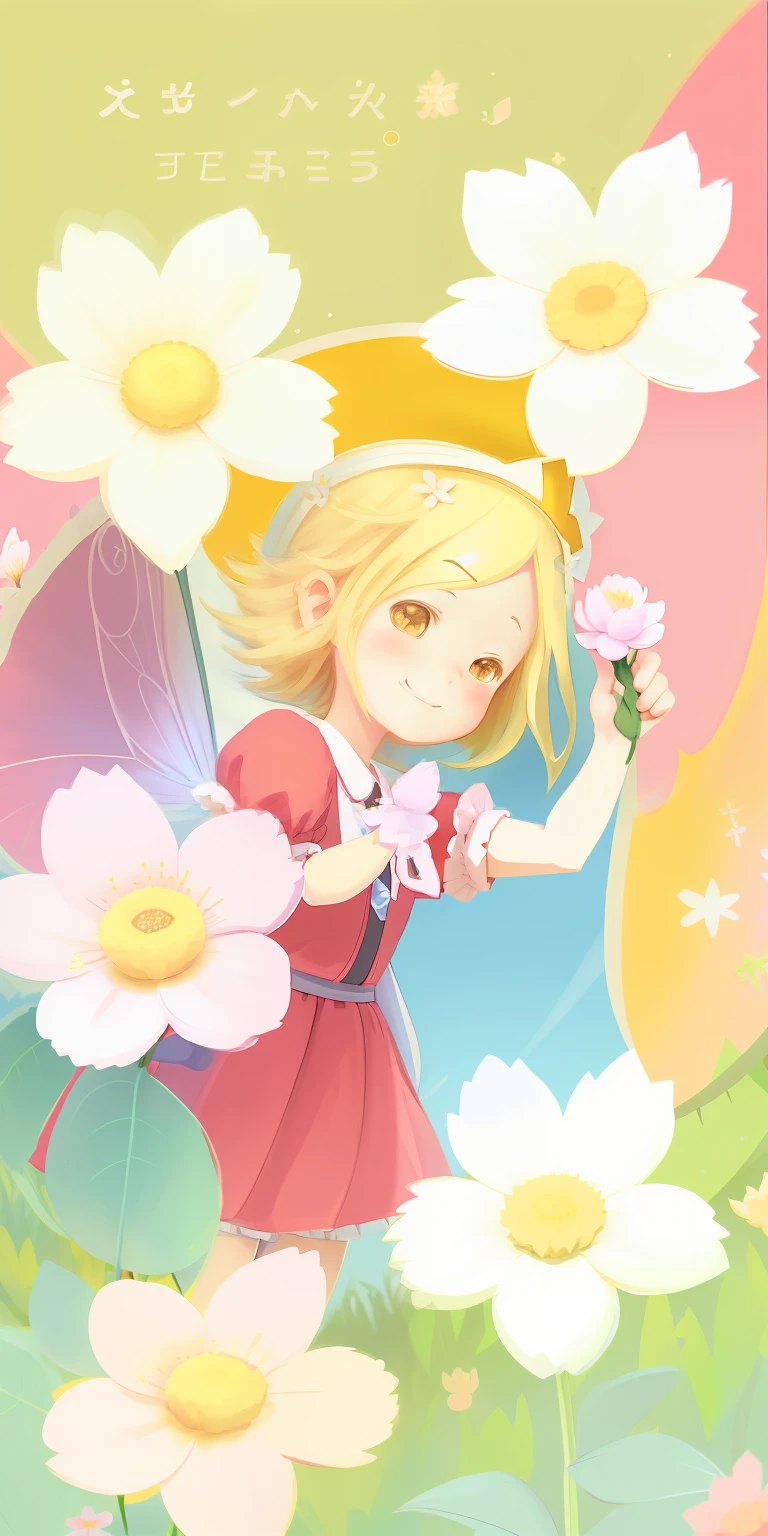 There is a cartoon girl holding a flower in her hand, Loli, Soft anime illustration, lovely art style, blond-haired princess, cute artwork, adorable digital art, kagamine rin, smiling as a queen of fairies, [[[[grinning evily]]]], Cute:2, small loli girl, seasons!! : 🌸 ☀ 🍂 ❄