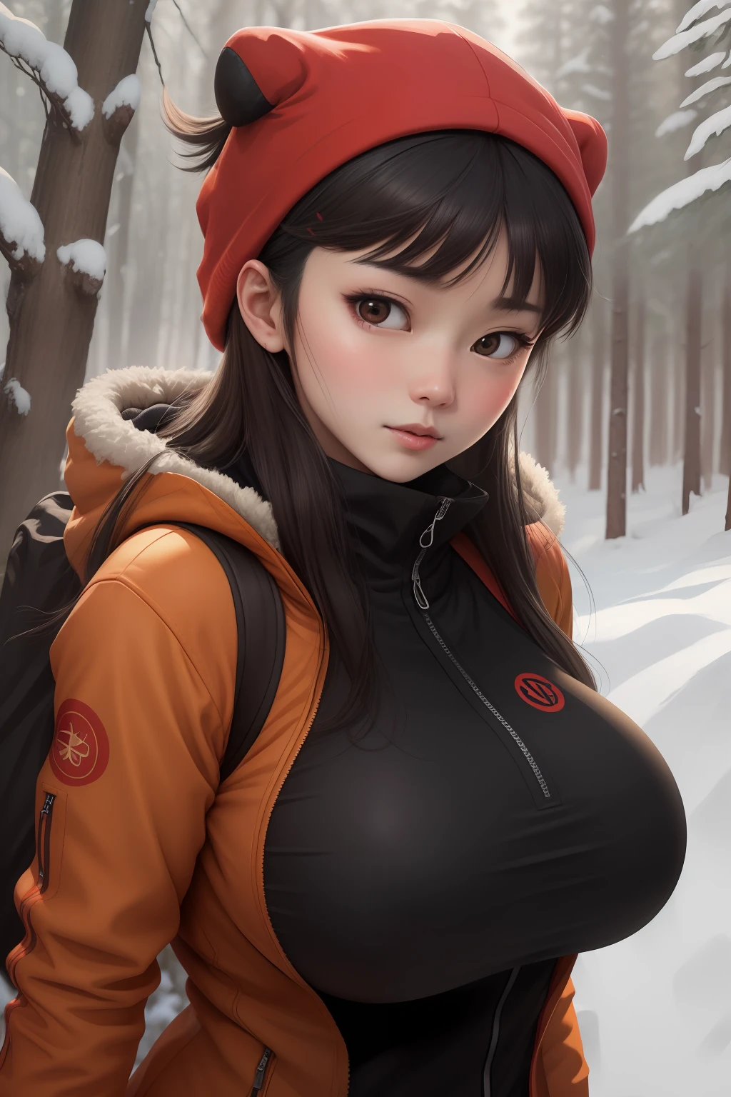 (Best quality), Big head, face confused, (yukiko with huge breasts:1.2) Wear hiking clothes in the forest, at winter season, Portrait