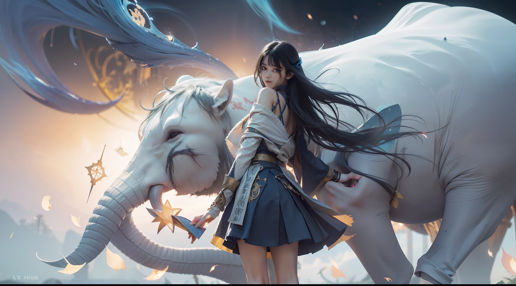 Magic Book,Blood,Night, Dark, (Fantasy),infinite,deep blue sky,The abyss of knowledge,Cowledge,((masutepiece)), (((Best Quality))),((Beautiful fine eyes)),(Eye lashes)、Beautiful girl riding a huge white elephant、(女の子1人)、Black hair、The long-haired、abyss eyes、glowy skin、oils、small tits、Perfect human body structure、Wizard robes、tattered cloth、Realistic coat、Teenchi、elvish、Super delicate CG Unity 32k wallpaper、masterpiece, ((ultra-detailliert)), ((illustratio)),colourfull,wall-paper,The energy,Unknown terror,Incomprehensible,Around the magic,Magical surroundings,magic wands,Boken,Flying pages,Know everything,Predict the future、Get to know the past、Infinite wisdom、blue flames、Warlock、magic circles、Pentagram、Spells、mantra、Singing magic