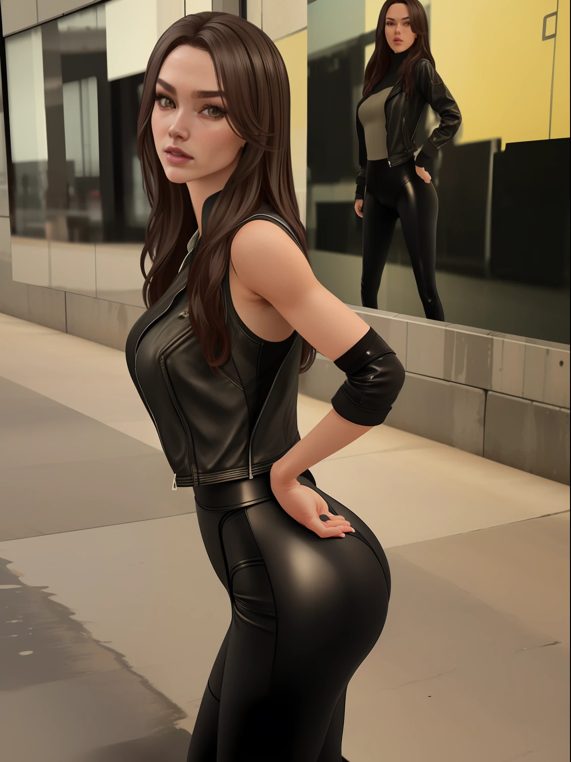Beautiful 15-year-old girl from Japan, thin figure, brunette
symmetrical eyes, (beautifully detailed face, beautiful detailed eyes), dramatic lighting, (photo realism:1. 4), realistic, sharp focus, HD, highly complex, intricate, photography, hyperrealism, hyperrealistic, raytracing, physics-based rendering, ((8k, RAW photo, masterpiece), High detail RAW color photo, (highest quality), (best shadow), (best illustration), ultra high resolution, highly detailed CG unified 8K wallpapers), rim lighting, vivid color, post-processing, vibrant, color grading, She is in the middle of the street in a busy city, wearing a tank top and tight leggings, showing her beautiful ass and belly