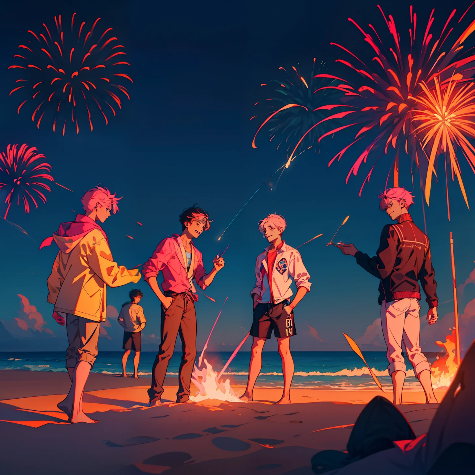 Four male high school students play together on the beach at night，Four handsome guys，the night，fire glow，bonfires，Male high school students，Handsome，adolable，warm color，Laughed happily，Play with fireworks，Wear men's swimsuits，Blonde haired boy，blue hairs，A pink-haired，black color hair