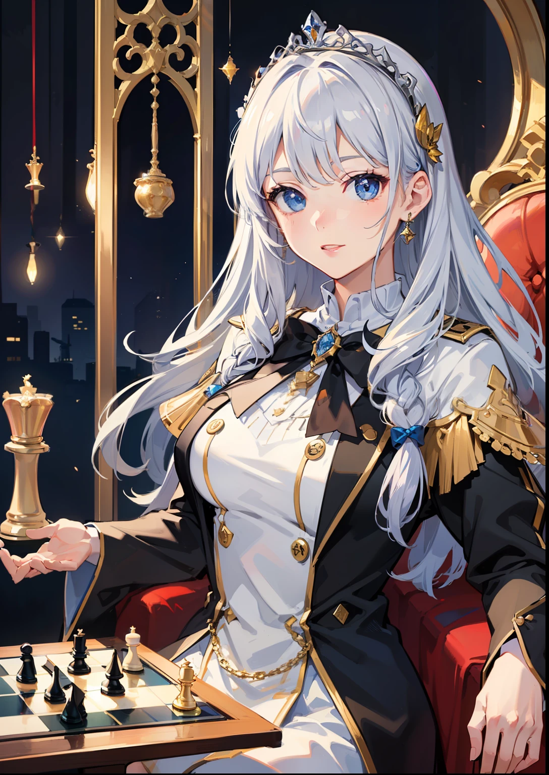 ((Masterpiece: 1.2, top quality, 8k, HD)), ((1 female)), silver hair, blue eyes (beautiful), ((same pose)), ((chess board)), ((fantasy academy uniform)), dress uniform head land on hand, magic, fantasy vibe, natural smile, soft lighting, chess piecess, detailed accessories, chess symbol badge, for novel cover, big dreamy eyes, chess table, sitting on the throne, good proportion, well drawn chess, ((wearing simple tiara)), simple crown