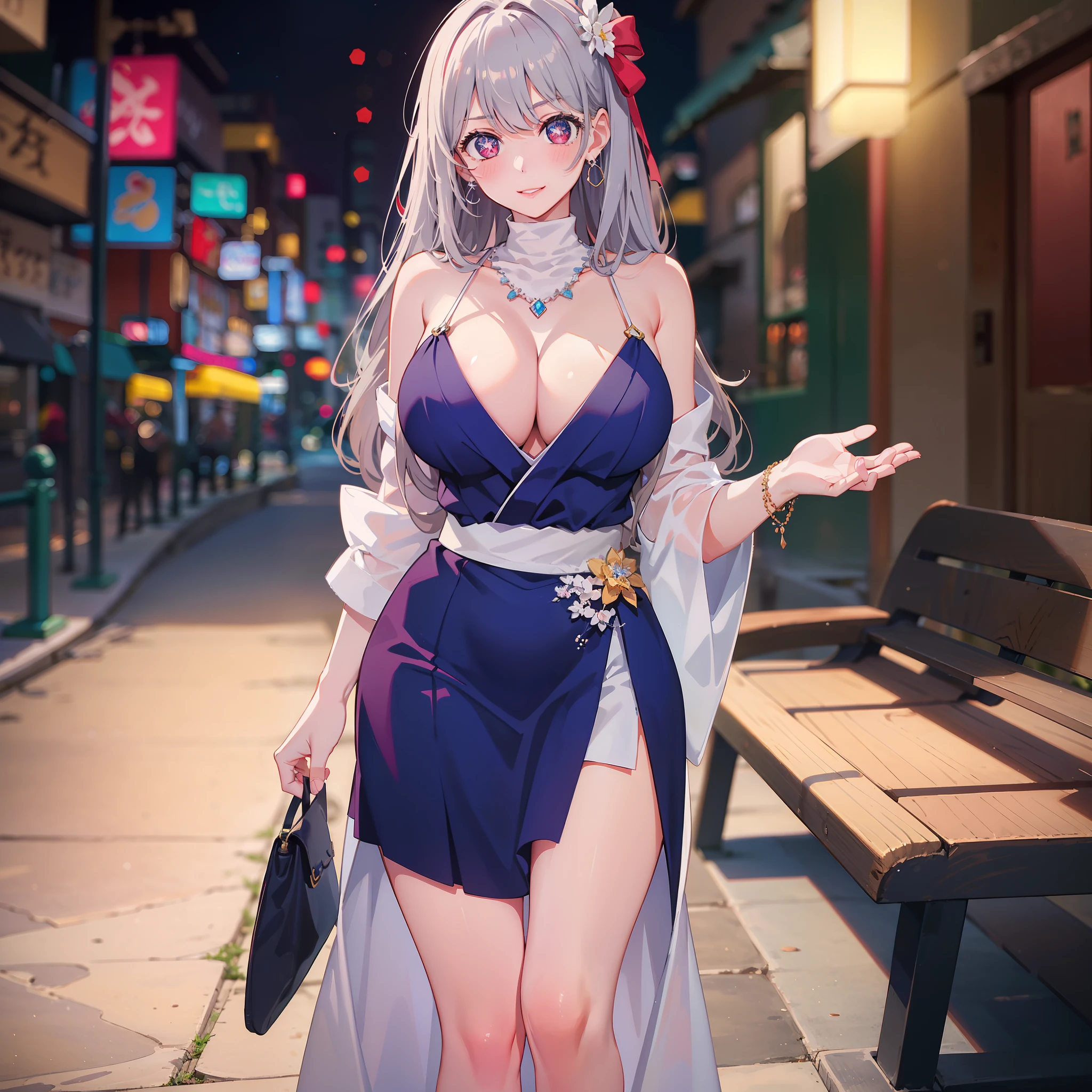 A girl standing in the park at night,Clear sky in the background. Park benches and soft lighting, Rear photo, (Side photography), looking back at the viewer, (Masterpiece), ((Ultra-detailed)), (Highly detailed), (Expressionless), (Best quality: 1.2), 8K, hdr, A high resolution, absurderes: 1.2, Object perspective, Blurred background, Bokeh: 1.1, Lens flare, (vivd colour: 1.2), High quality texture, Detailed texture, High-quality lighting and shadows, a face with perfect proportion, full bodyesbian, Mature and excited body, Detailed skin texture, vibrant, pale and radiant skin, natural saggy breasts, gigantic bosom: 1.5, High waist, Narrow waist: 1.3, Wide hips, Full buttocks, Detailed beautiful face, (PureErosFace_V1:1.3)(Ulzzang-6500:0.4) Detailed beautiful eyes, Symmetrical eyes, Perfect eyes, Seductive eyes, Beautiful nose, High nose, Clear blush, Detailed lips, Earrings, hoop earings, necklace, jewelry, Sapphire heart necklace, Silver-toned high-heeled sandals, Seductive expression, Smile, Perfect hands, Delicate and beautiful fingers, Detailed beautiful legs, photo-realistic hair, detailed hairs, (Silver dress, Red dress, Blue dress), Chisato Nishiki, Long hair, Blonde hair, (Red eyes: 1.5), Hair ribbon, Bob cut, Red hair ribbon,),gigantic cleavage breasts,Japan goddess,