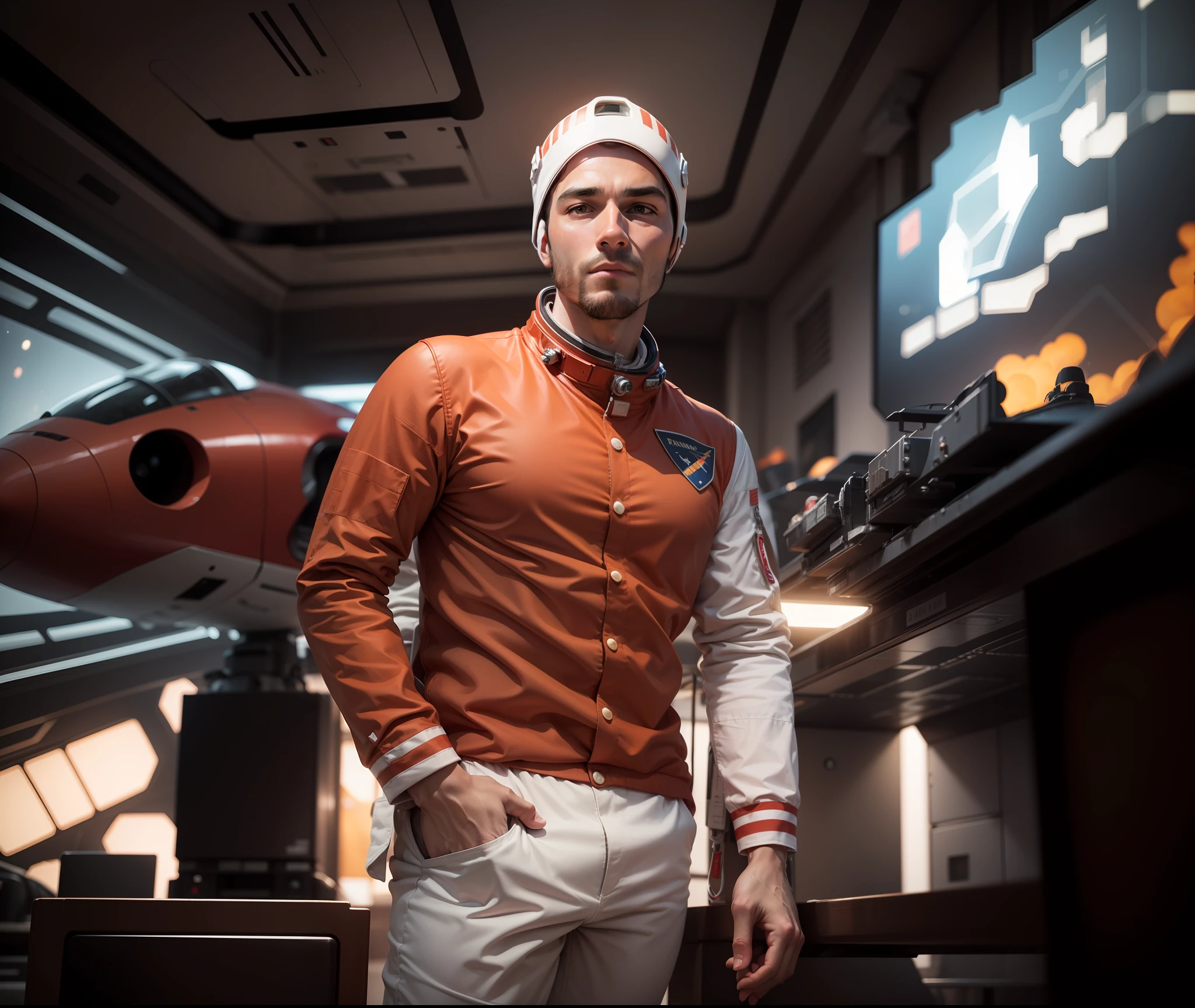 Transform this man into an astronaut, giving him a handsome look, dressed in a red and white spacesuit, standing next to his private spaceship. The image should be in 8k resolution with a realistic facial expression.