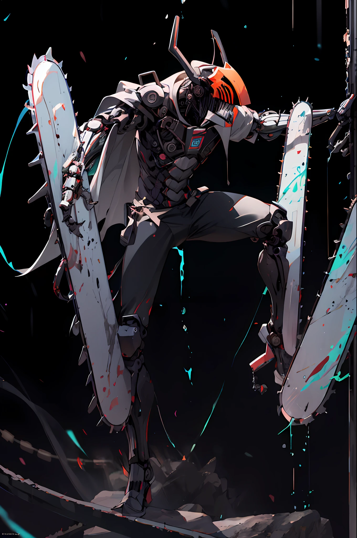 (masterpiece, best quality:1.2), full body, goth_punk, 1man, solo, chainsaw man ultimate devil falcon form, with long pointy horns, color white, wearing a color white cyber exoskeleton armor, with a white cape, roled up sleeves, long tongue, wearing gloves, splash ink, manga style, dynamic sitting fighting pose, with giant mechanical chainsaw, fisheye