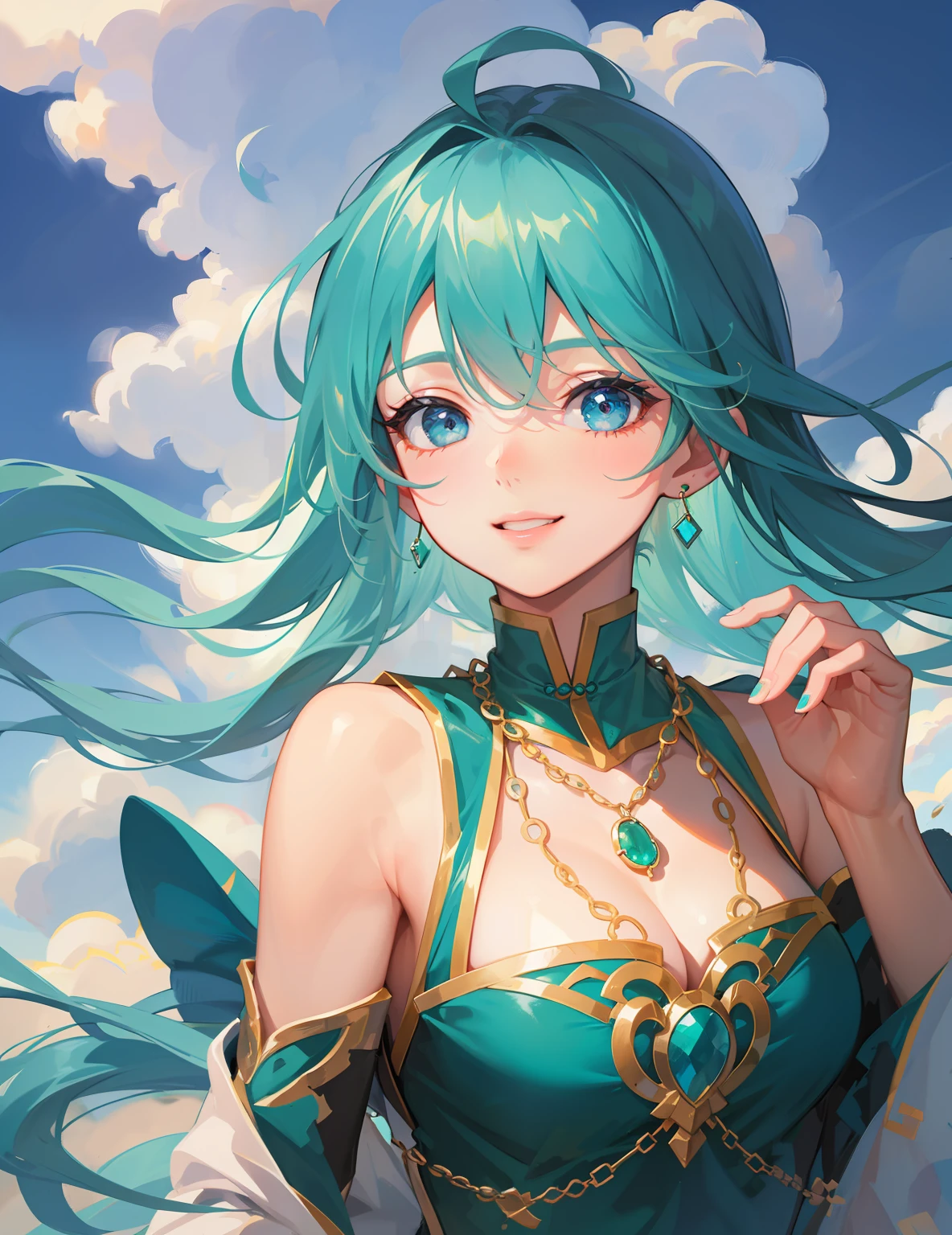 masterpiece, best qualsterpiece, best quality, ultra-detailed, illustration,(1girl),beautiful detailed eyes, looking at viewer, shy, (turquoise hair:1), (blue eyes:1), (esmerald earring), (gem necklace), long hair, smile, fantasy chinese clothes, (Emerald Stud Earrings:1)