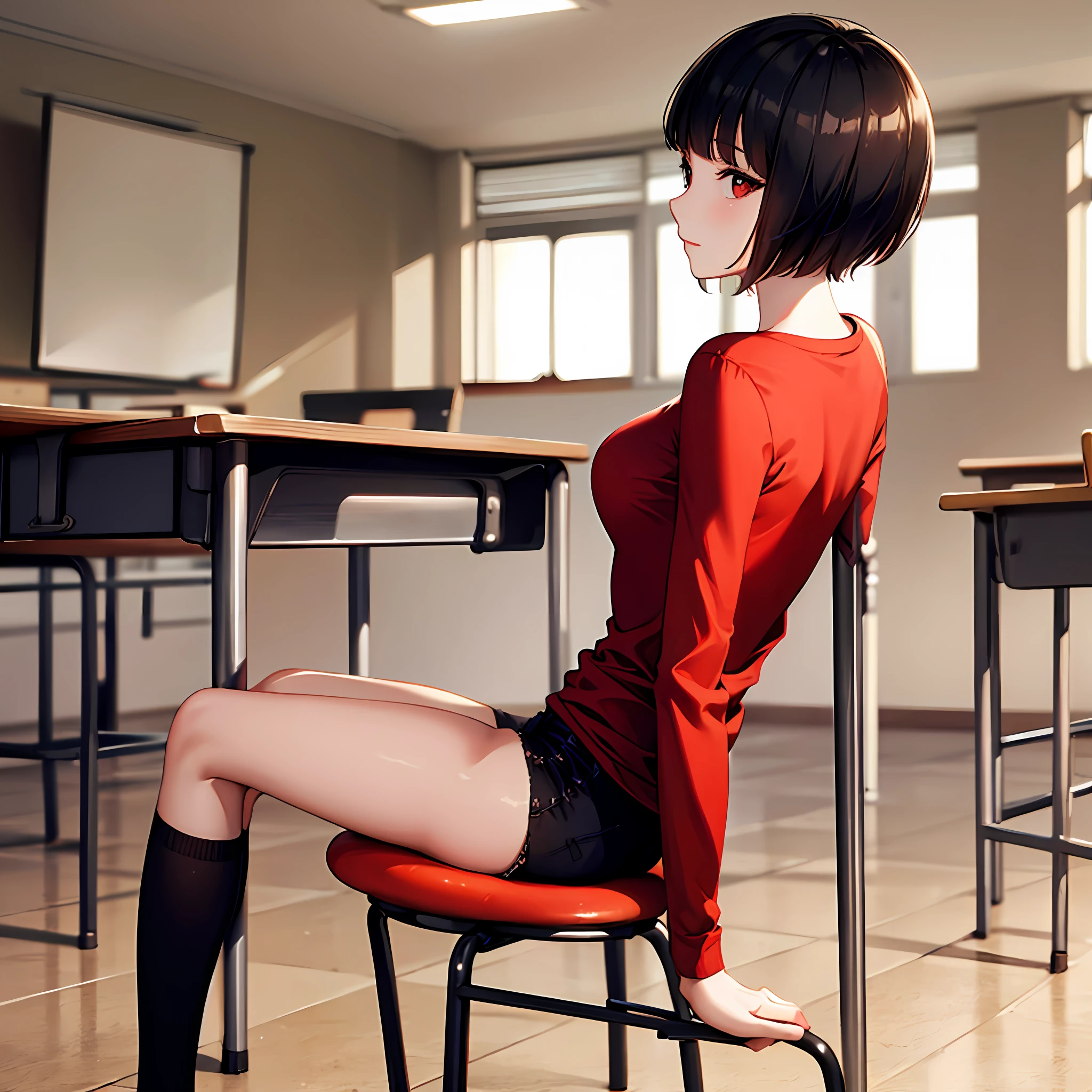 from behind, perspective,mushroom cut,back,thin body,red shirt,lay head on arms, sit on stool, in classroom --auto