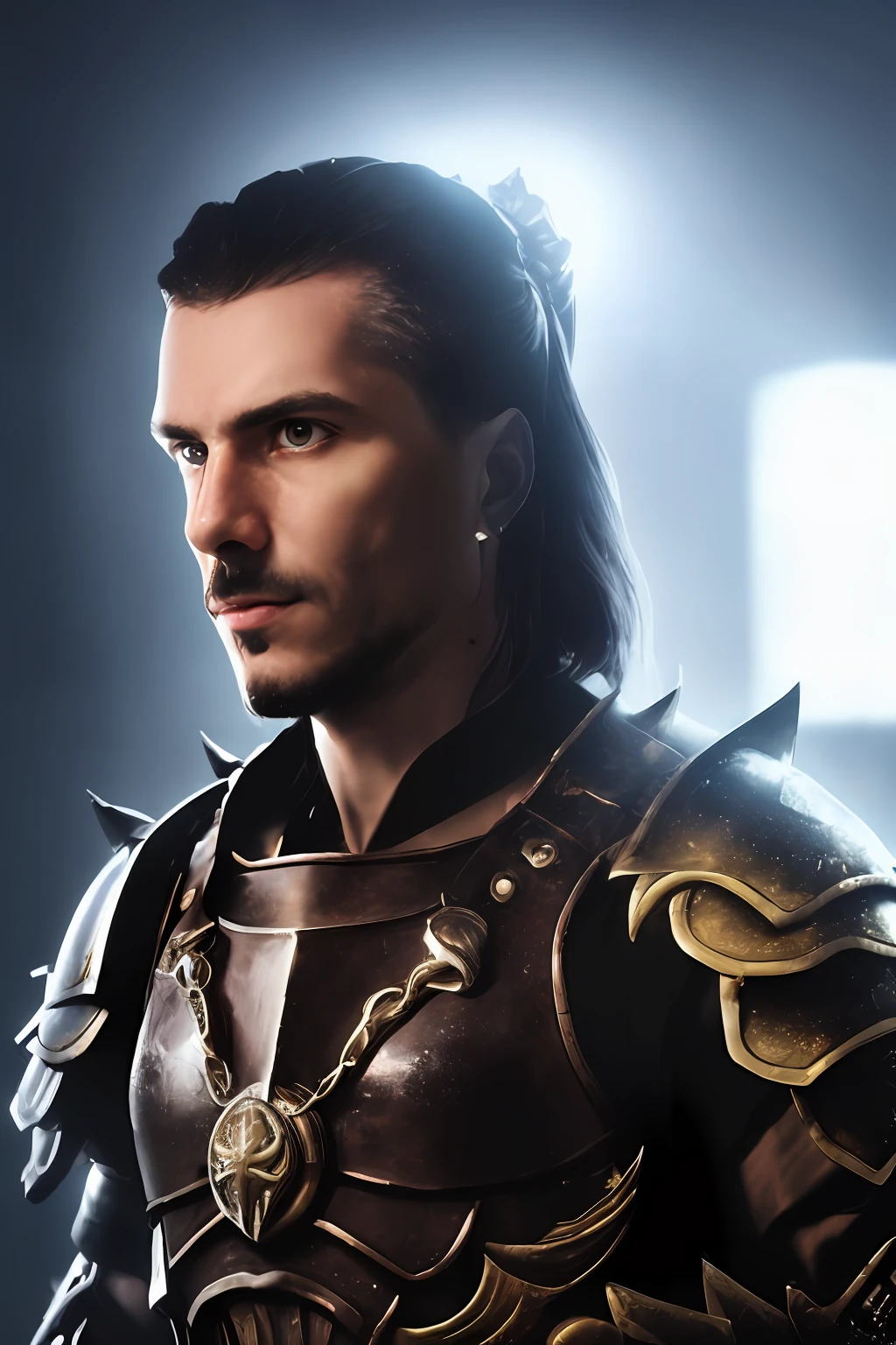 Close-up photo of a guy, face and chest, IGPPV01:1.8, 30 years, Fantasy Warrior, Masterpiece, awesome detailed armor, ultra detailed face and eyes, The Long Sword, fighting a dragon, Dark background, Low key, rim light, Dark Forest, night time, fire light, Octane Render, 8K resolution, HDR, cinematic, deep shadows, Rembrandt light