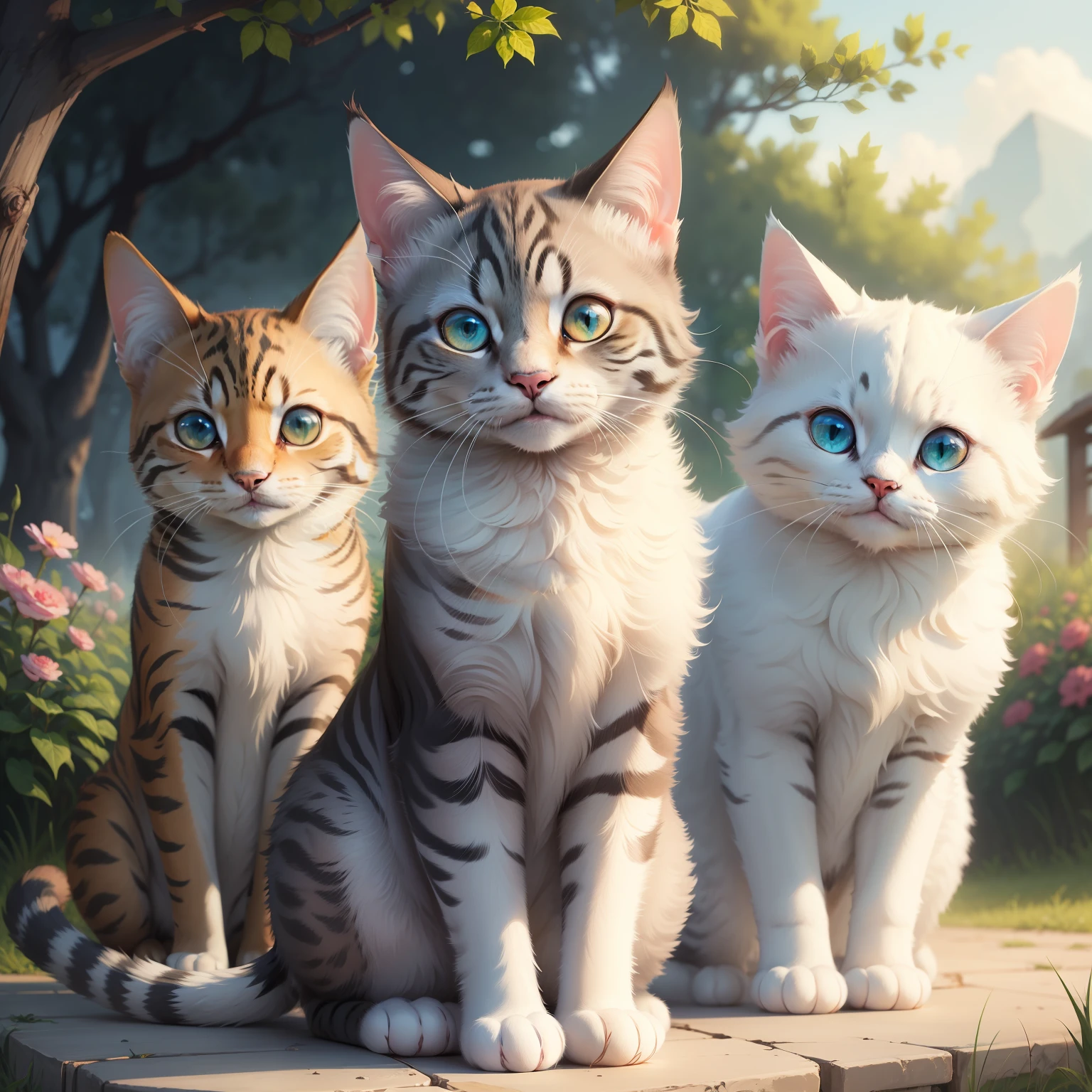 Real cats,Realisticstyle,Cute cat,beautidful eyes,Smooth hair,lively and lovely,beautiful nature,Full of charm,Outdoor background,without humans,high quality rendering