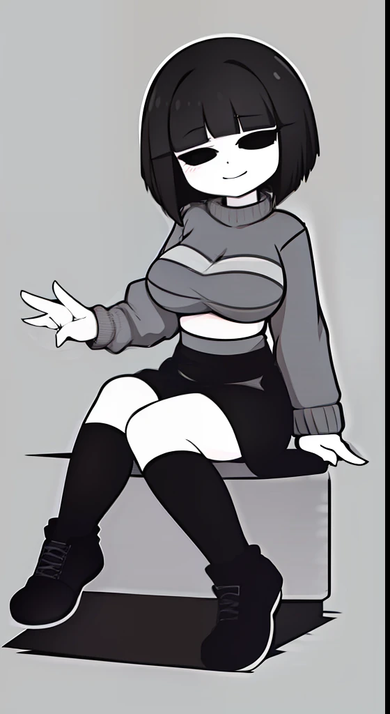 core!frisk, grey sweater, monochrome girl, 1girl, grey hair, long hair, void eye, ((short hair)), full body, black skirt, adult, medium breasts, novex artstyle, grey horizional stripes, smiling, breasts