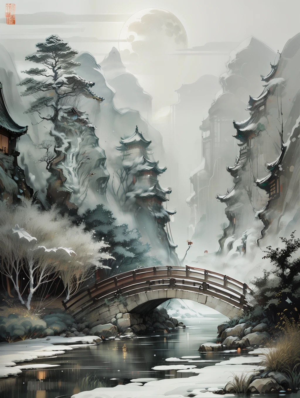 masterpiece,best quality,Chinese （（（wyy_style））），martial arts style,an snowing asian night scene with lanterns and water lilies,asian pond with many lanterns and boatsa night scene with many lights and boats in the water, snowflakes ,Lake surface, lotus flowers,beautiful night scene,(((Chinese martial arts style))), with vast sky, continuous mountains and steep cliffs, ink wash style, outline light, atmospheric atmosphere, depth of field, mist rising, bamboo, pine trees, octagonal stone pavilion, waterfall flowing water,big full moon,(No color) , Monochrome, light color,