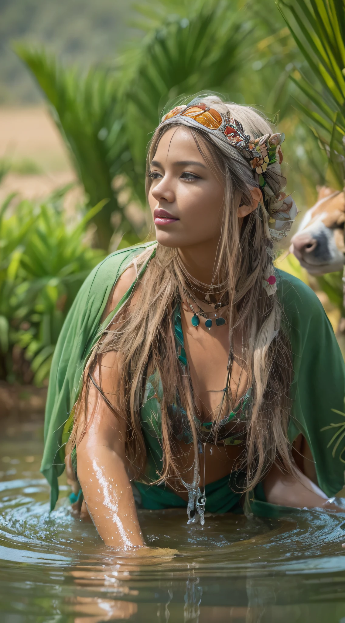 beautiful girl in the oasis waterhole,drinking with the animals