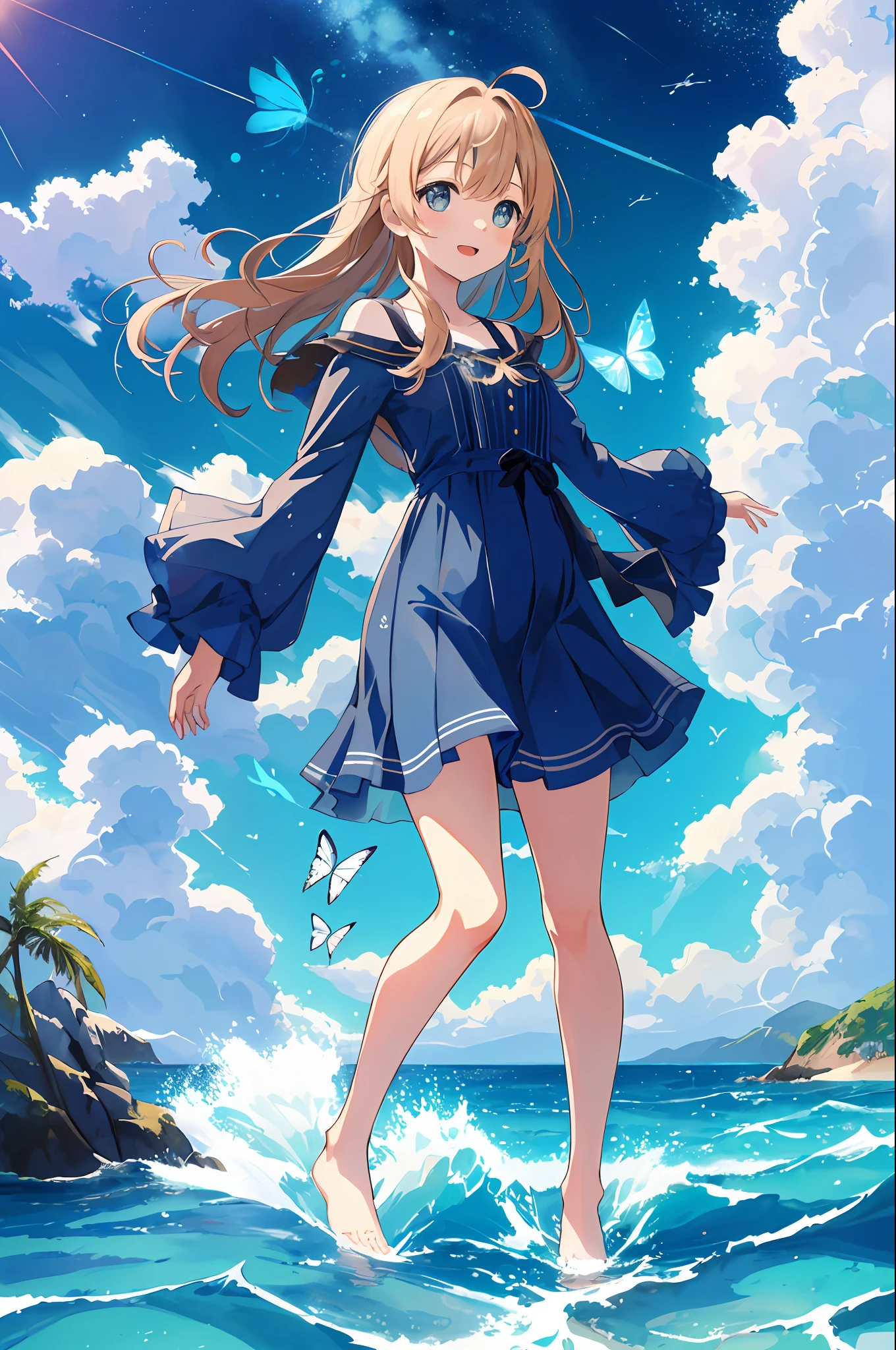 {{{masterpiece}}}, {{{high-quality}}}, {{{8K wallpaper}}},[(cloud background:1.5),::5] (isometric:1.0), 1girl, mid shot, full body, ocean, sea waves, water splashes, sky, light particles, butterflies, night, starry sky