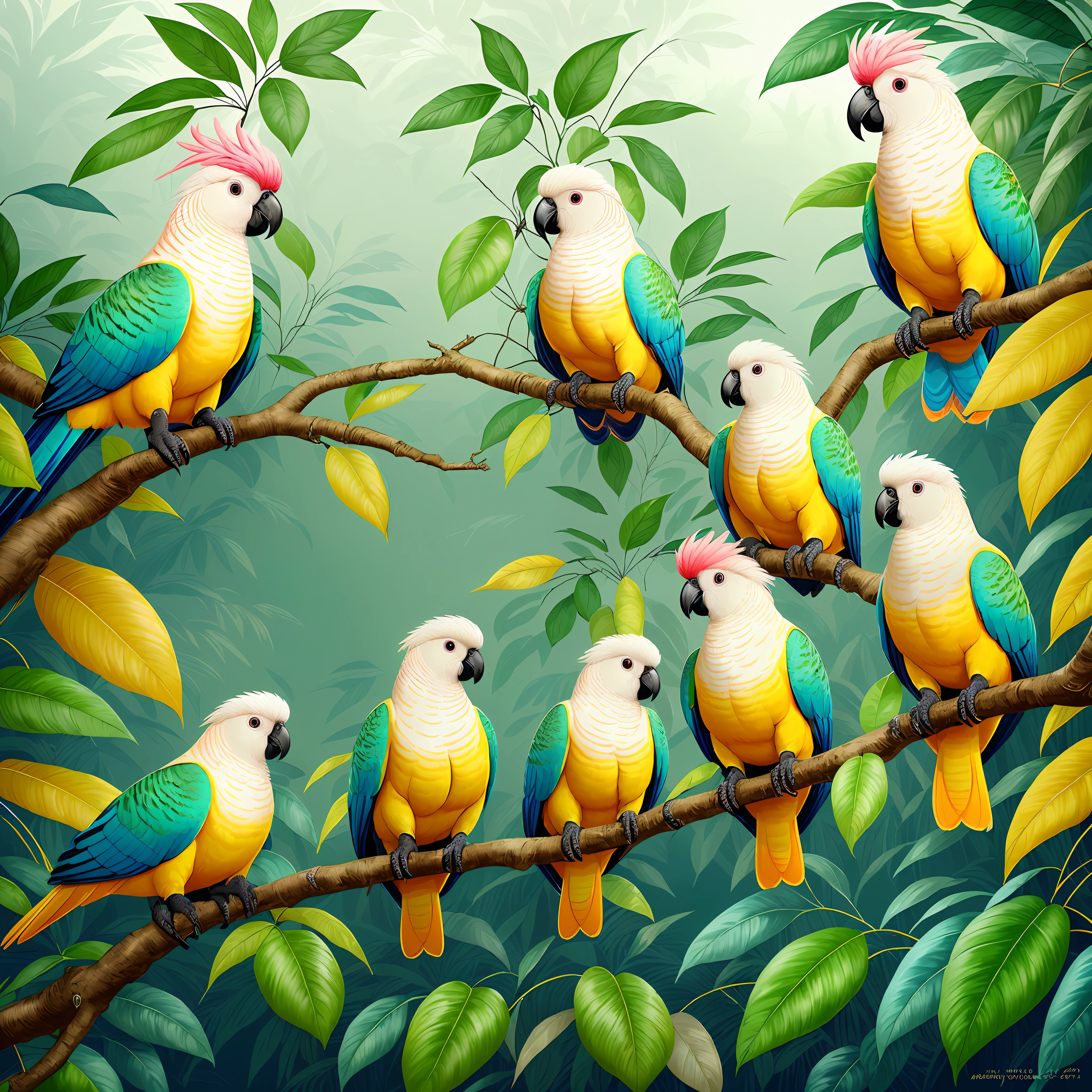 There are many colorful cockatoos++ sitting on a branch in the jungle, tropical birds, colorful birds, highly detailed digital art, highly detailed digital painting, very detailed birds, beautiful nature, beautiful digital art, birds, highly detailed digital painting, HD illustration, an illustration, an illustration of, birds, a beautiful art illustration --auto --s2