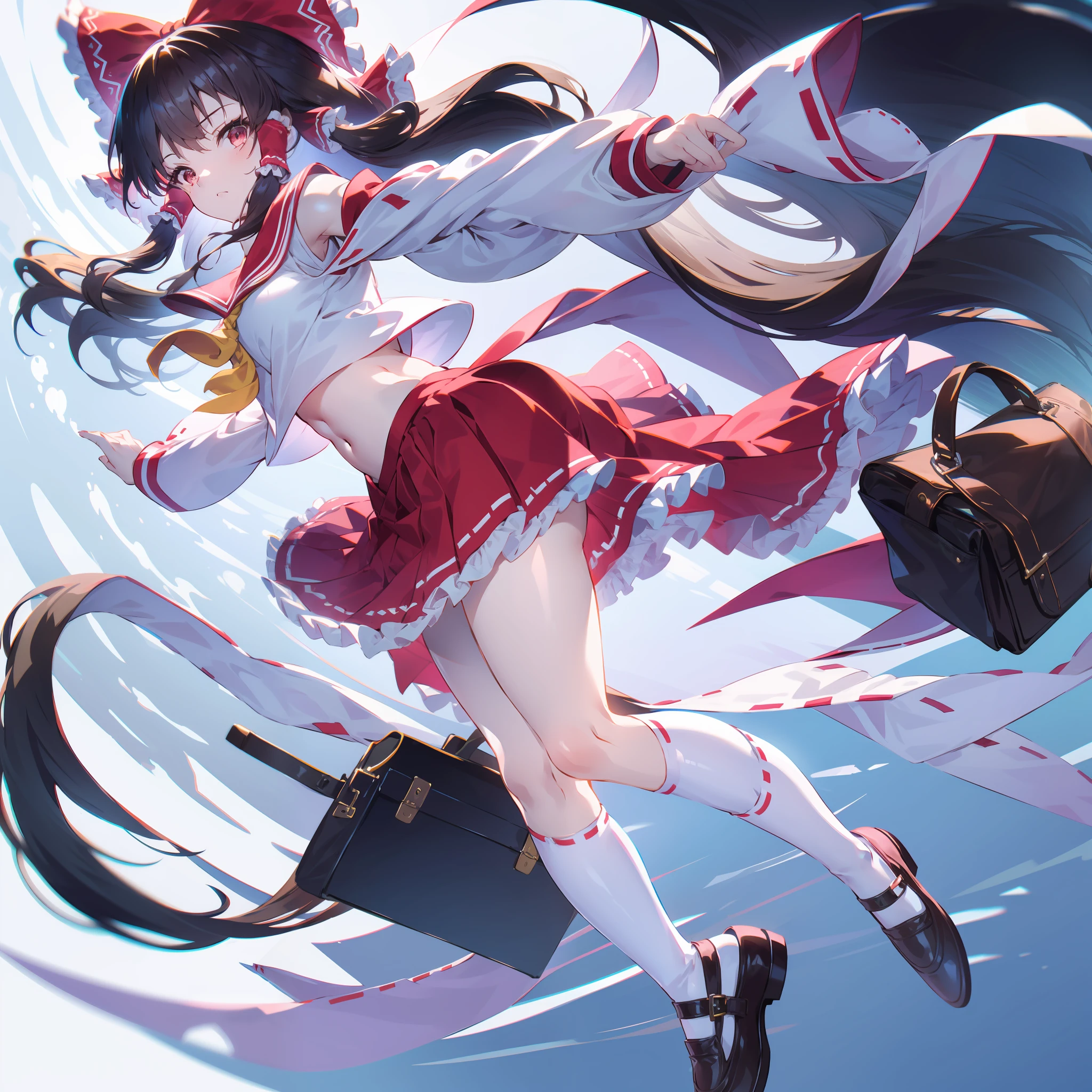 Depiction of a young woman with long hair holding a briefcase, 1 girl, Solo, reimu hakurei, School uniform, Just flat, Skirt, shoes, serafuku, White Sailor Uniform, sox, mary janes, School Background, different costume, Long sleeves, Black hair, From face to chest, Looking at Viewer, Long hair