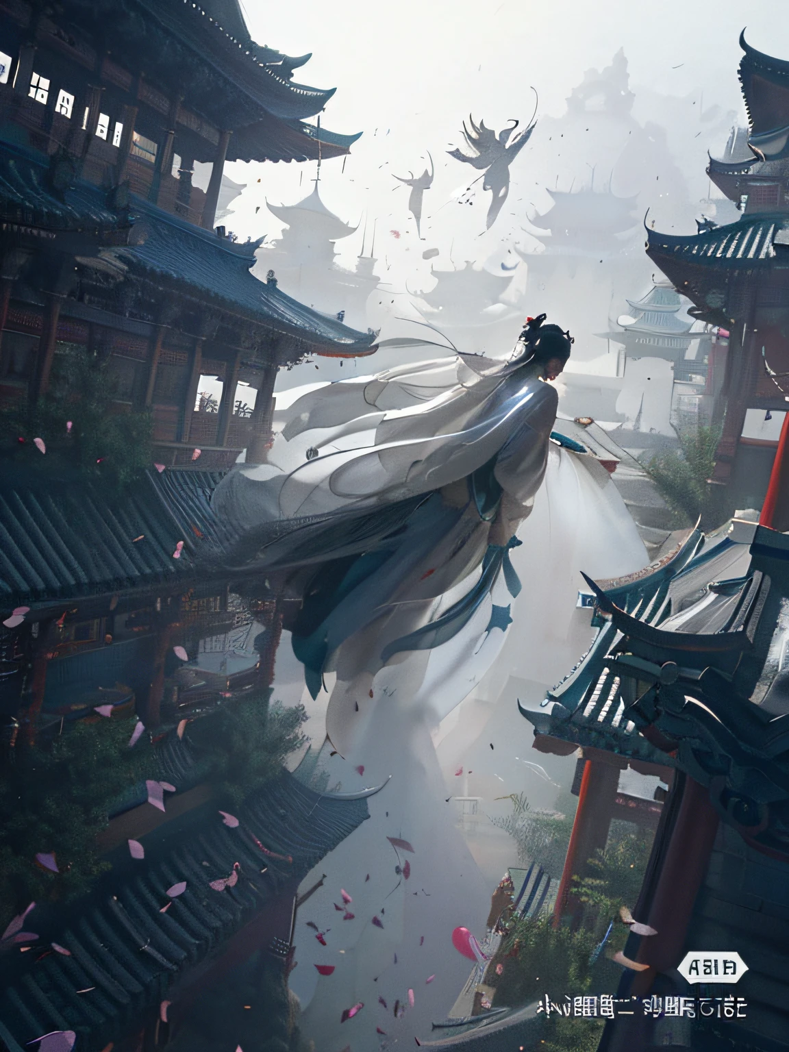 Arafard image of a woman flying in the air in a white robe, flowing white robe, by Bayard Wu, chengwei pan on artstation, Feng Zhu concept art, ross tran and wlop, author:Han Gan, cgsociety and fenghua zhong, ross tran and bayard wu, Inspired by Fenghua Zhong