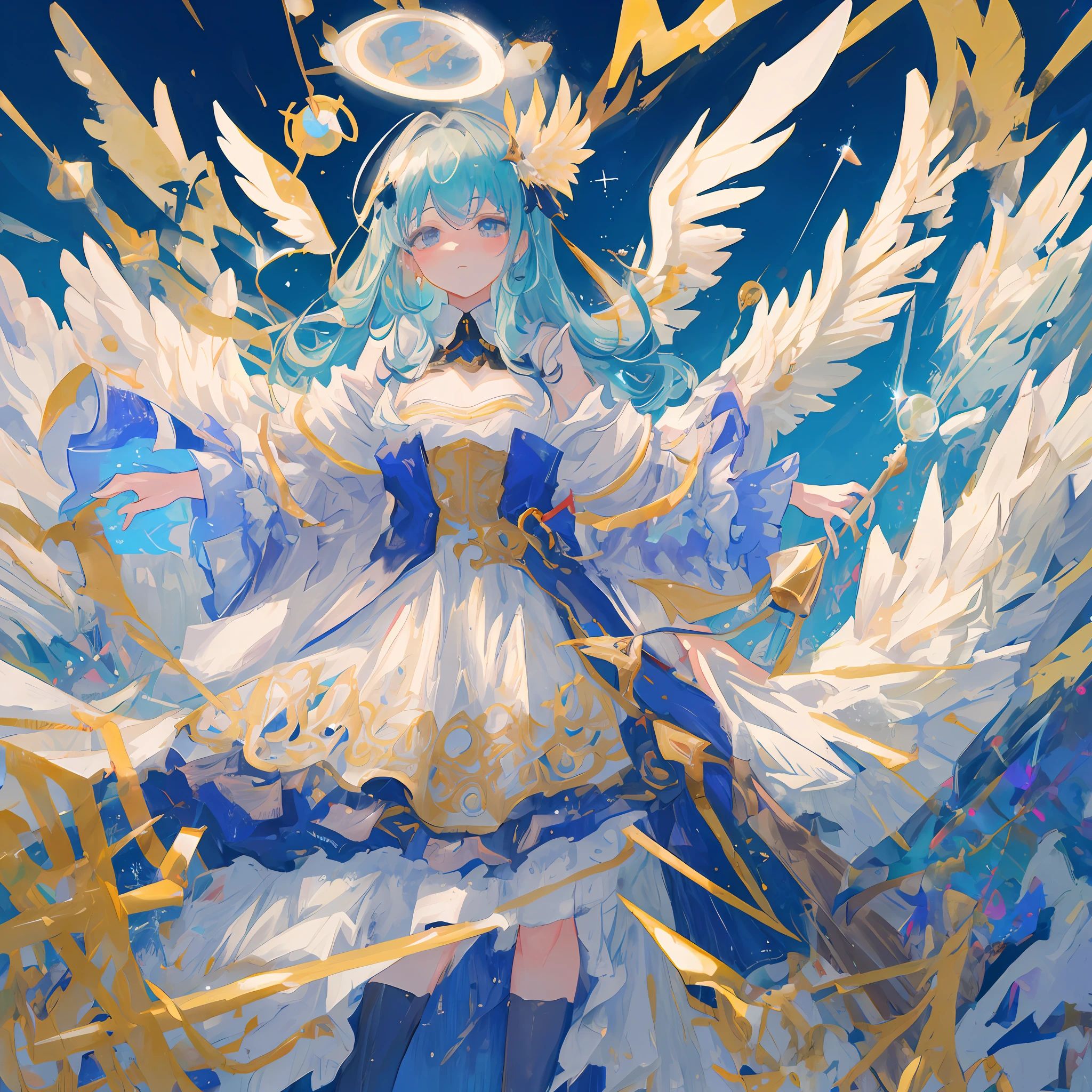 (masterpiece), (best quality:1.4), absurdres, [:intricate details:0.2], angel, angel wings, milky way, sky, shimmering aura, intense focus, crackling energy, mysterious symbols, sparkling motes,