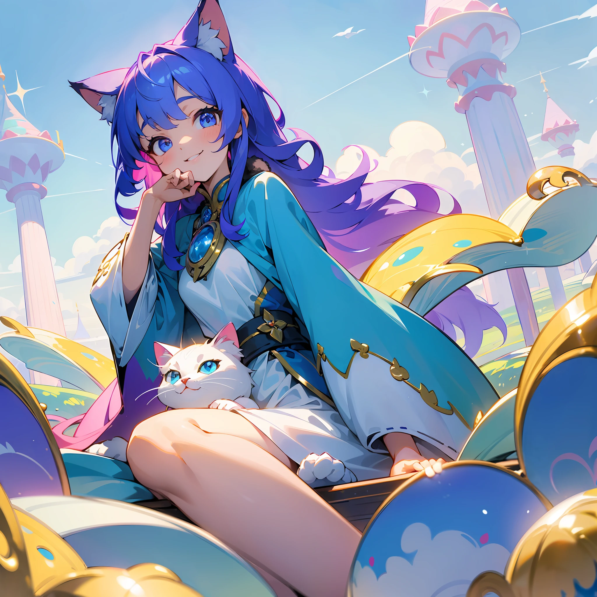 (masterpiece)》,(《best quality)),8k,high detailed,ultra-detailed,A young girl with a playful smile sitting on a magical floating island in the midst of a mysterious sky. She is accompanied by a graceful cat with shimmering fur,young girl, playful smile, sitting, magical floating island, mysterious sky, graceful cat, shimmering fur.