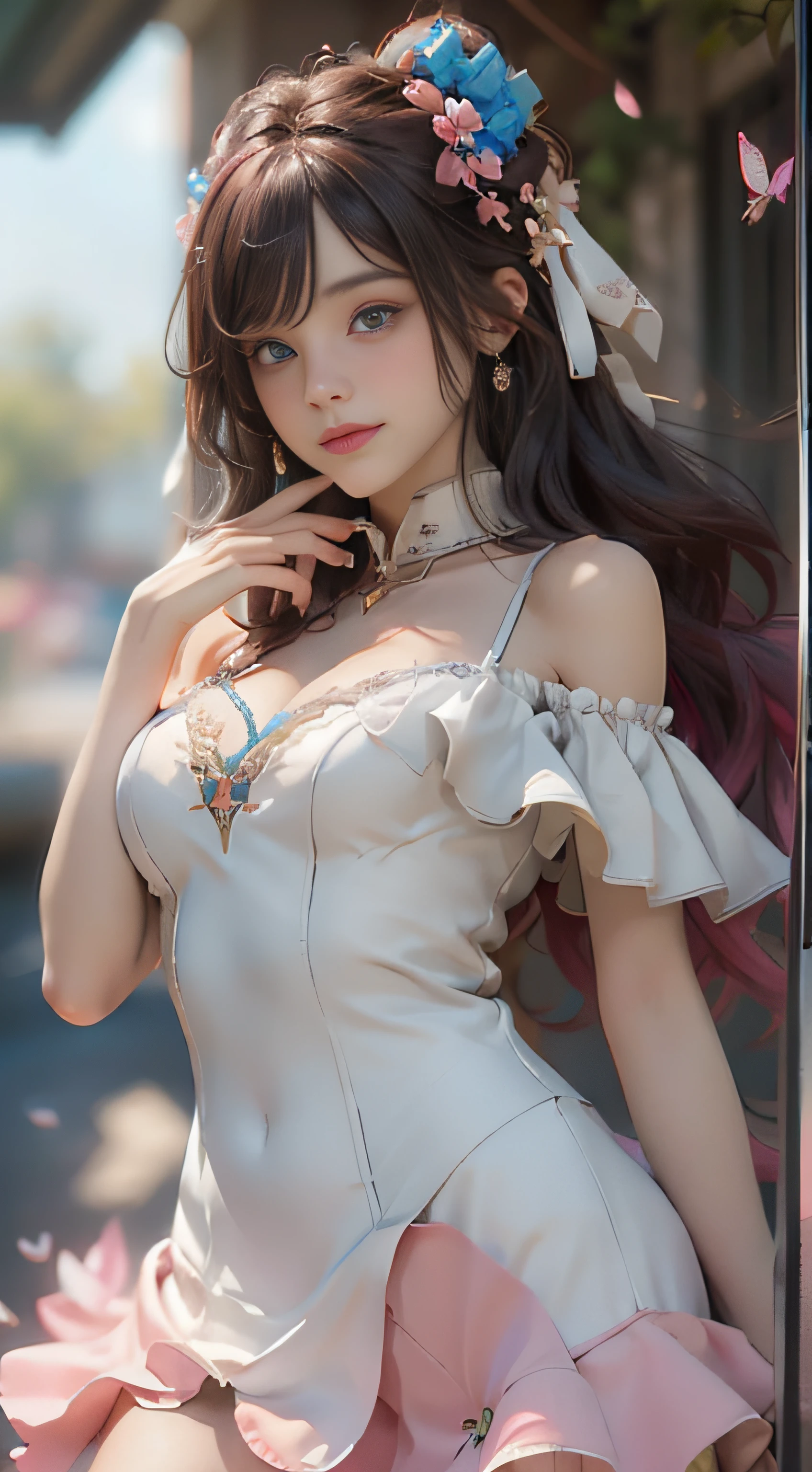 ((best qualtiy)), ((tmasterpiece)), (detail:1.4), Beautiful cyberpunk female images,hdr(HighDynamicRange),Ray traching,NVIDIA RTX,Hyper-Resolution,illusory 5,sub surface scattering,PBR textures,post-proces,Anisotropy Filtering,depth of fields,maximum definition and sharpness,Many-Layer Textures,Albedo e mapas Speculares,Surface coloring,Mitsu-Accurate simulation of material interactions,perfectly proportioned,rendering by octane,Two-colored light,largeaperture,Low ISO,White balance,Rule three points、8K raw data、Beautiful bright blue pupils,off-the-shoulder clothes,Fine pupils,Delicate face and eyes,long eyelasher,Blushlush,Delicate and fluffy hair,pink lip,Pure,Cute face,Sweet girl,Artistic sense,Casual wear,Advancedsense,butterflys,Cherry blossom petal,Beautiful hair accessories,Long hair and waist,Hair fluttering in the wind,wedding gown,curlies