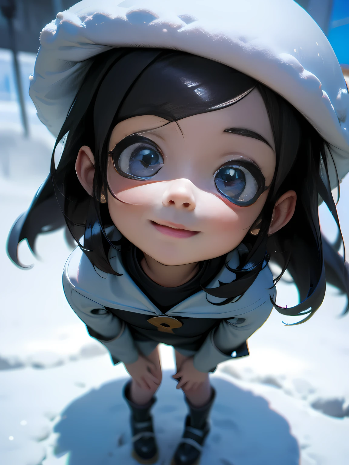 high qulity，tmasterpiece，cartoony，comic strip，a  lovely kid giClose-up Shot Shot，super adorable，Play in the snow，arte 3D，