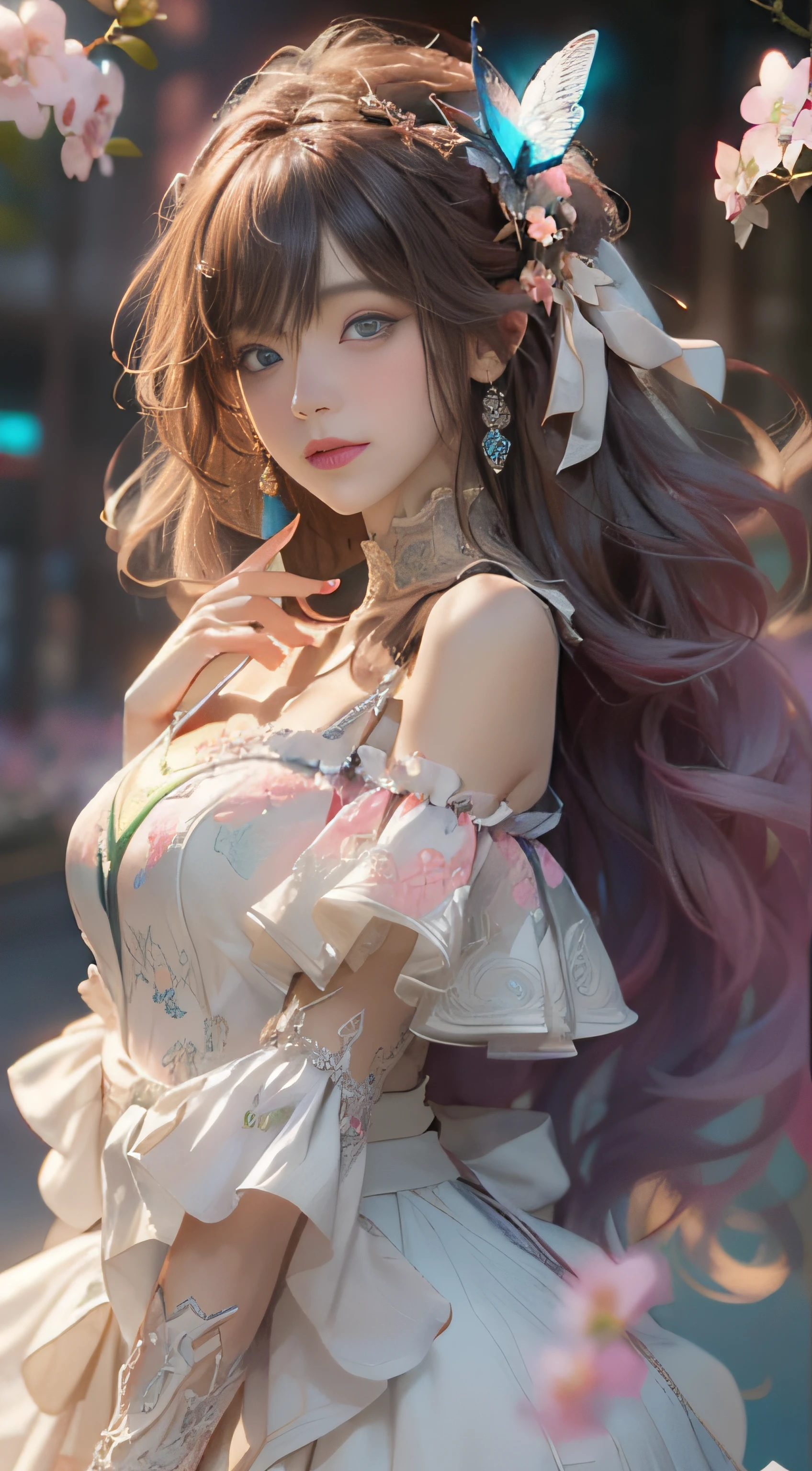 ((best qualtiy)), ((tmasterpiece)), (detail:1.4), Beautiful cyberpunk female images,hdr(HighDynamicRange),Ray traching,NVIDIA RTX,Hyper-Resolution,illusory 5,sub surface scattering,PBR textures,post-proces,Anisotropy Filtering,depth of fields,maximum definition and sharpness,Many-Layer Textures,Albedo e mapas Speculares,Surface coloring,Mitsu-Accurate simulation of material interactions,perfectly proportioned,rendering by octane,Two-colored light,largeaperture,Low ISO,White balance,Rule three points、8K raw data、Beautiful bright blue pupils,off-the-shoulder clothes,Fine pupils,Delicate face and eyes,long eyelasher,Blushlush,Delicate and fluffy hair,pink lip,Pure,Cute face,Sweet girl,Artistic sense,Casual wear,Advancedsense,butterflys,Cherry blossom petal,Beautiful hair accessories,Long hair and waist,Hair fluttering in the wind,wedding gown,curlies