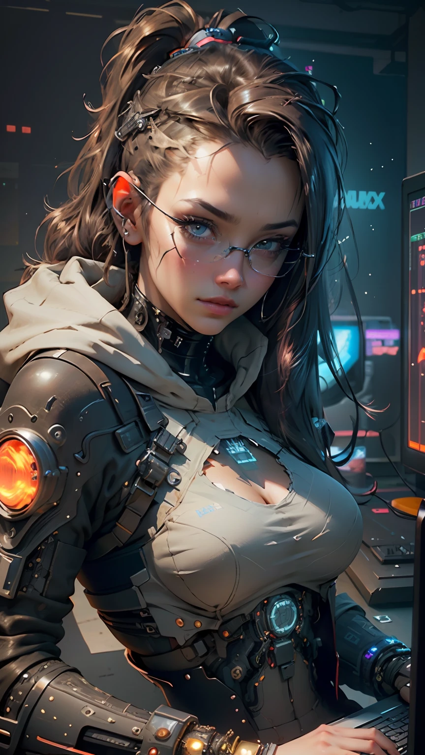 ((Best Quality)), ((Masterpiece)), (Very detailed:1.3), 3D, Beautiful (Cyberpunk:1.3) Female hacker, thick hair, half-exposed breasts, operating computer terminals, computer servers, LCD screens, fiber optic cables, corporate logos, HDR (High Dynamic Range), ray tracing, NVIDIA RTX, Super Resolution, Unreal 5, Subsurface scattering, PBR textures, Post processing, Anisotropic filtering, Depth of field, Maximum sharpness and sharpness, Multi-layered textures, Albedo and specular mapping, surface shading, accurate simulation of light-material interactions, perfect proportions, octane rendering, duotone lighting, low ISO, white balance, rule of thirds, wide aperture, 8K RAW, high efficiency sub-pixels, subpixel convolution, luminous particles,