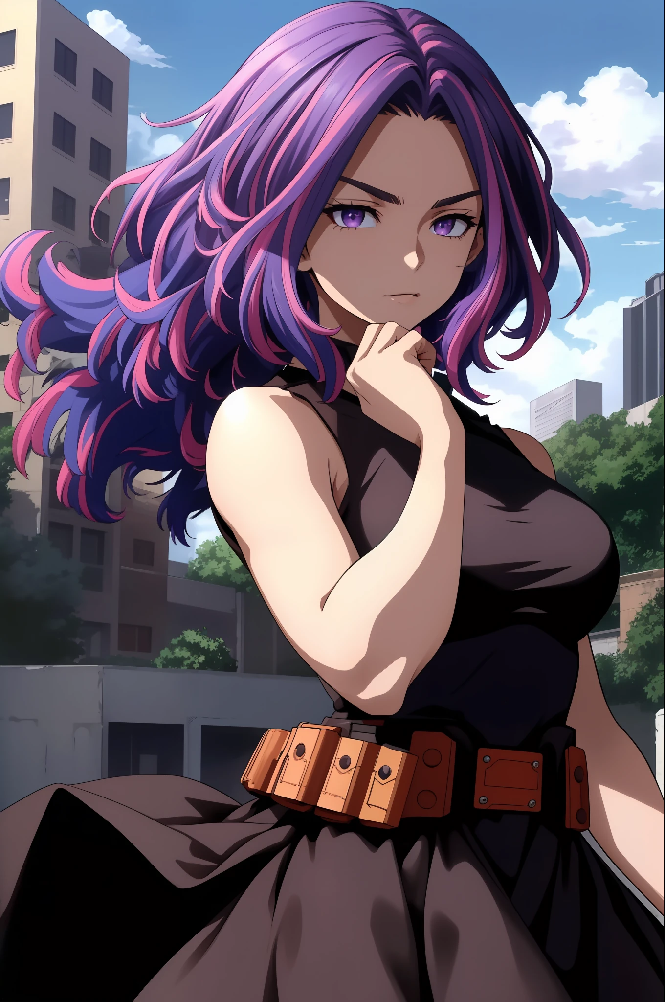 scan, (extremely detailed CG unity 8k wallpaper:1.1), highres, (1girl), lady nagant, boku no hero academia, (purple hair), (multicolored hair), (purple eyes), black dress, sleeveless, breasts, belt