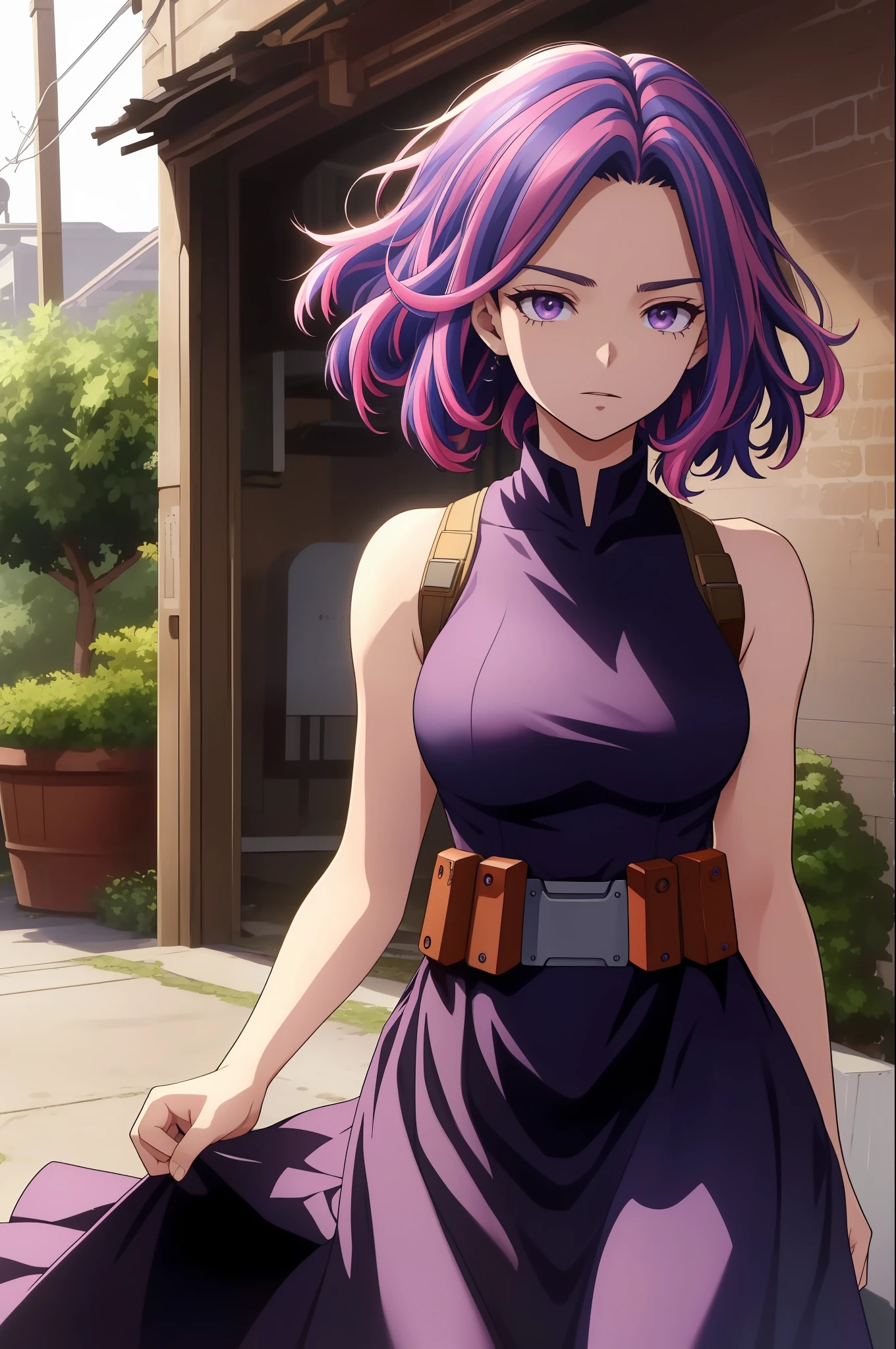 scan, (extremely detailed CG unity 8k wallpaper:1.1), highres, (1girl), lady nagant, boku no hero academia, (purple hair), (multicolored hair), (purple eyes), black dress, sleeveless, breasts, belt