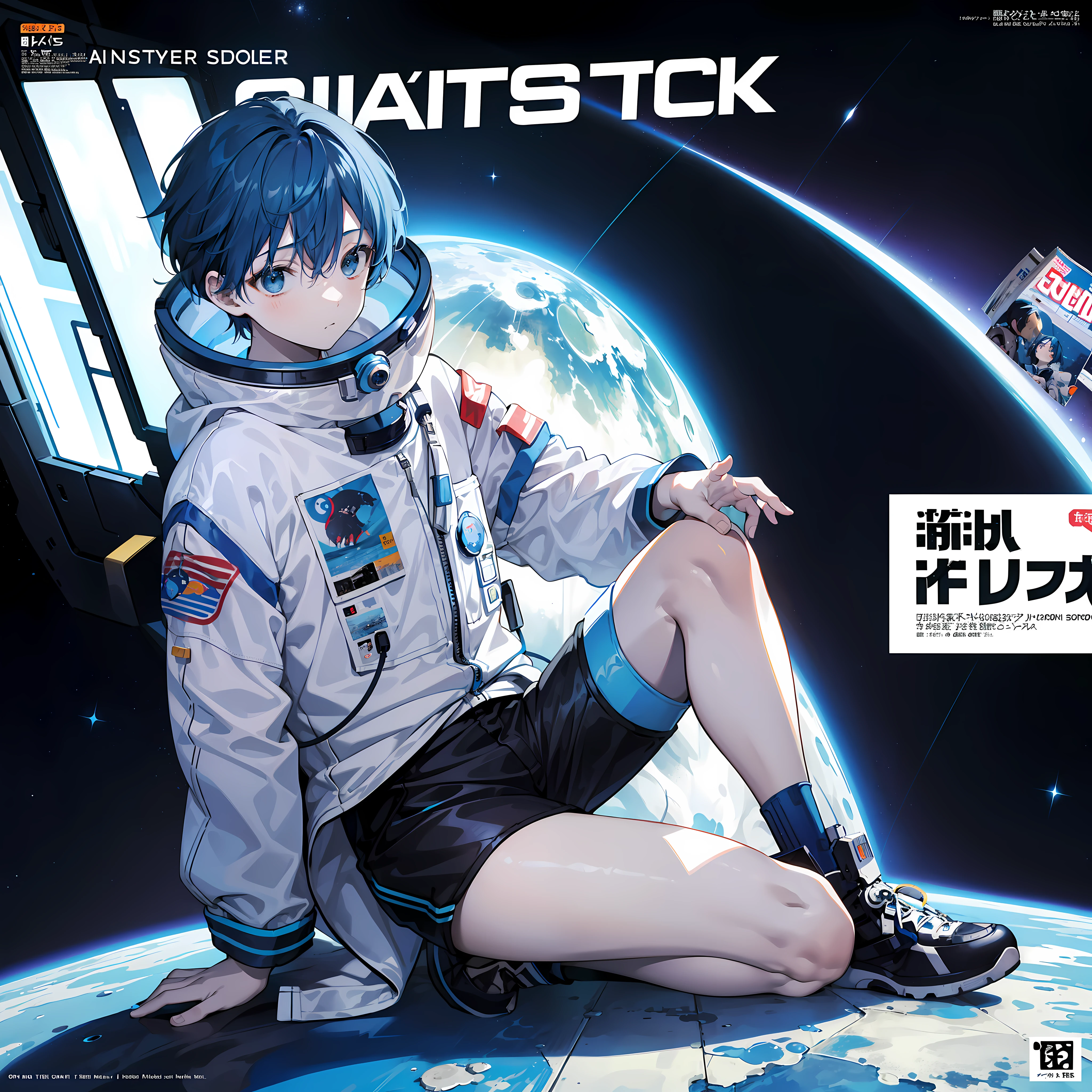 masterpiece, best quality, full body, (1boy), (blue astronaut suit), (Boy Messy Japanese Round Haircut for Thick Hair), (blue hair), black shorts, (solo), (magazine:1.3), (cover-style:1.3), fashionable, in side space station, zero gravity