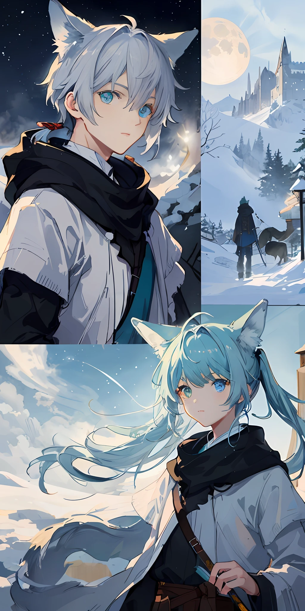 tmasterpiece，（best qualtiy：1.2），（super-fine：1.2），illustratio，（Extremely refined and beautiful：1.2），Movie Angle，floatking，（beatiful detailed eyes：1.1），（Detail light：1.1），电影灯光，Exquisite sky，A boy with，Light blue hair，Heterochromic eyes，（high ponytails：1.1），cloaks，glowing light eyes，（themoon：1.2），（rays of moonlight：1.1），starrysky，（Light particles：1.1），mist，Snow painting，sketching，blooms，Wolf ears，The character has a wolf's tail