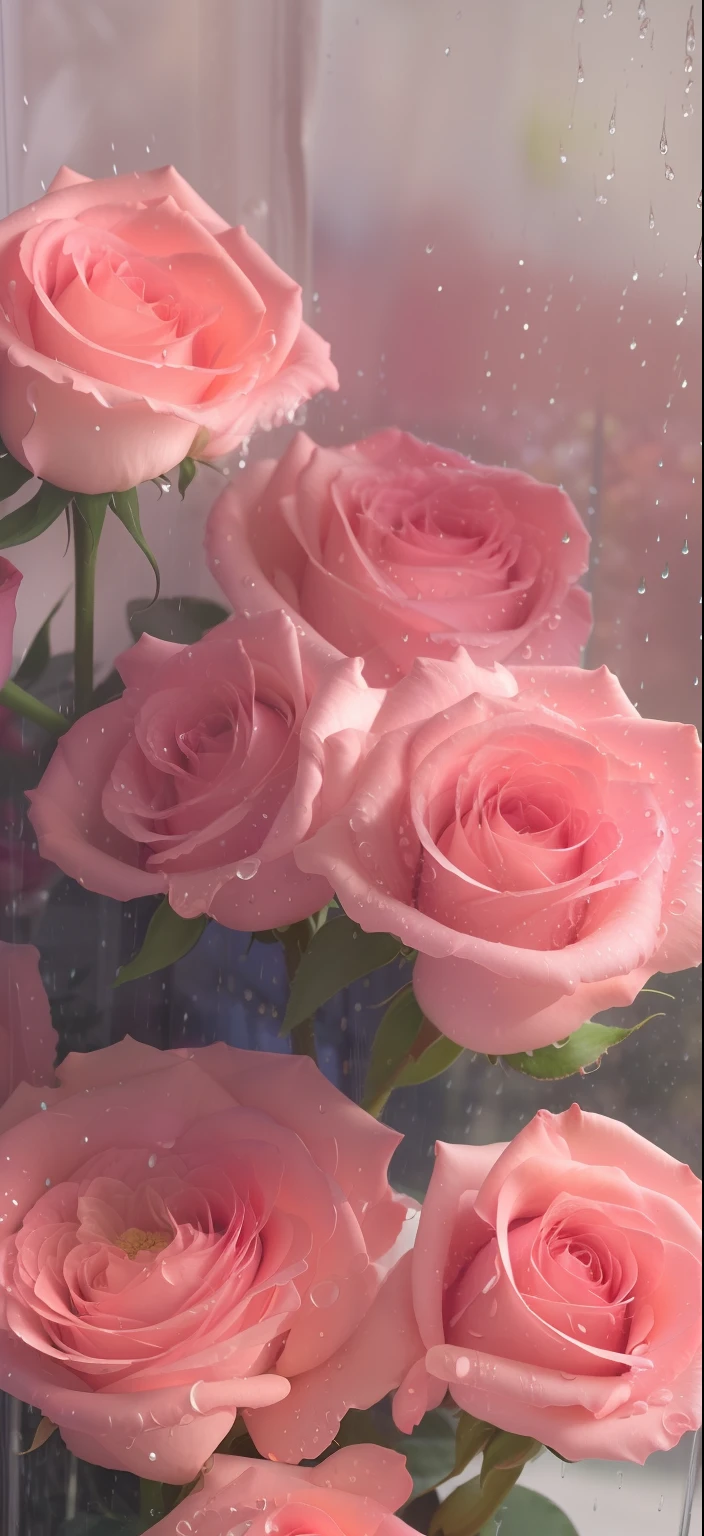 There is a bouquet of pink roses in a vase on the window, flowers rain everywhere, rose background, rosette, roses in cinematic light, Rose background, a few roses, flowers exploding and spraying, 4 0 9 6, exploding roses, rosses, soft light 4 k in pink, translucent roses ornate, flowers sea rainning everywhere, Pink rose, Beautiful flowers