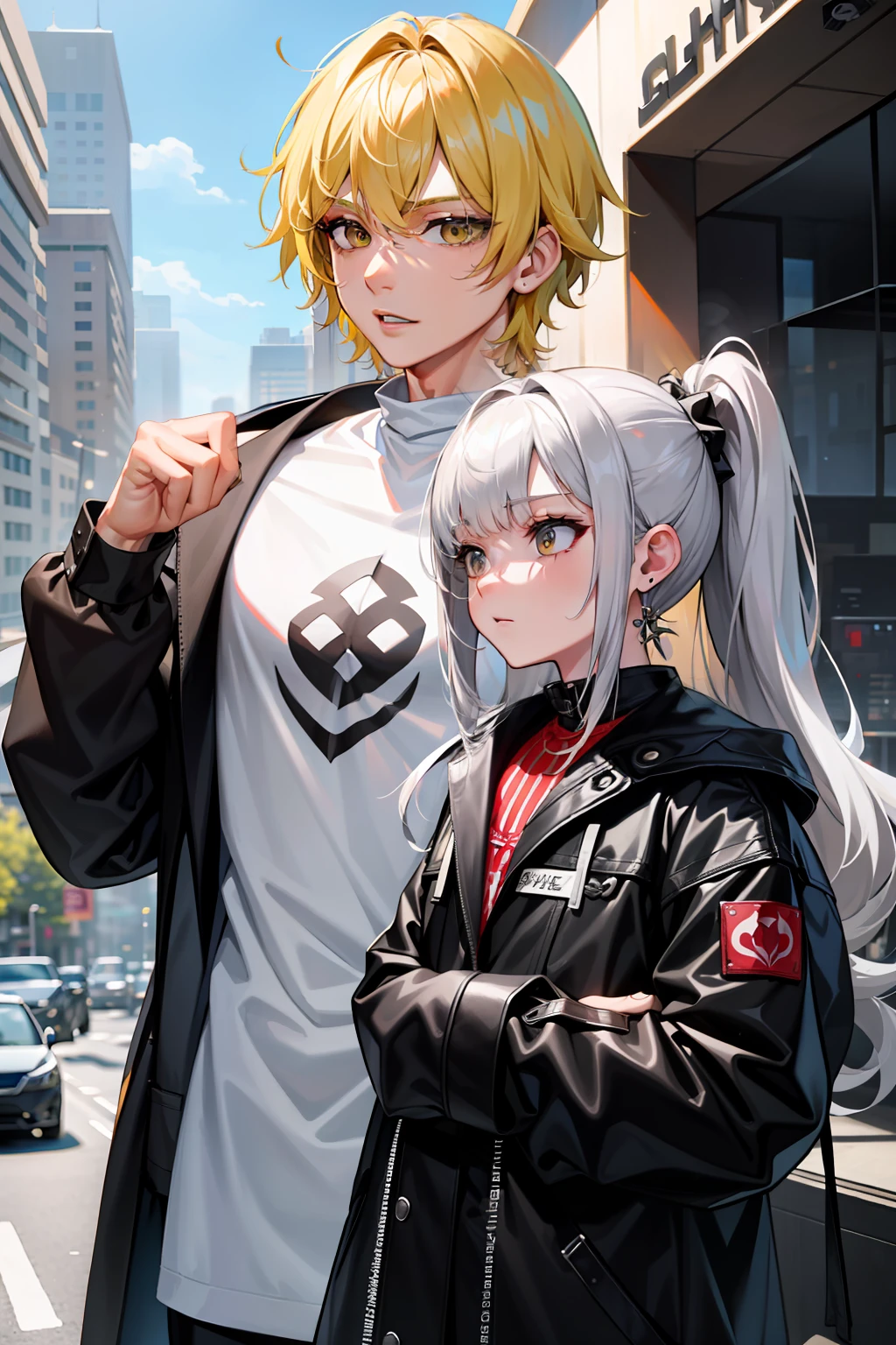 Masterpiece，Best quality，High details，1boys，Light yellow hair，校服，white  shirt,，Wear earrings，Black coat，hooligan，This character has muscles，Tall，Very handsome，There are tattoos on the arms，1girll，Long gray hair，（The girl is short：1.5），The girl is petite，The girl is young