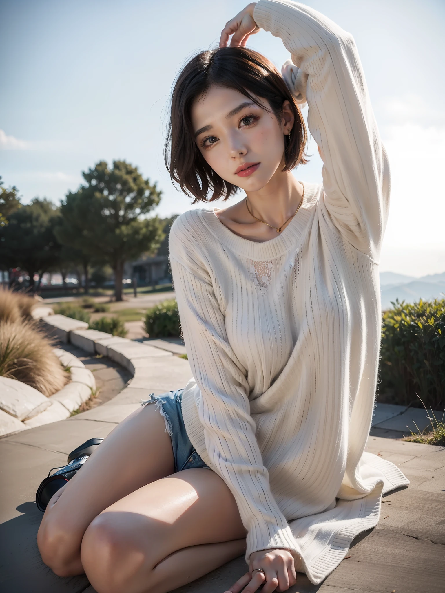 nikon raw photo, 8 k, Fujifilm XT3, masterpiece, best quality, realistic, realistic, ultra-detailed, 1 girl, NVSHEN, sweater, short hair,
