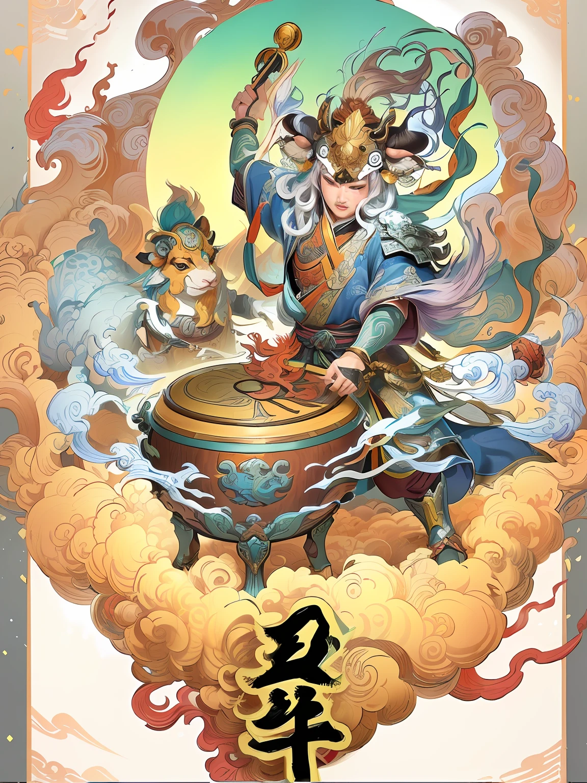 Cows beating gongs and drums，asura from chinese myth, son goku, Chinese mythology, Onmyoji detailed art, full-colour illustration, Inspired by Hu Zaobin, full art illustration, Taoist, inspired by Luo Mu, taur, inspired by Gong Xian, full art，Extremely detailed 8k wallpapers），复杂，Highly meticulous，Full of drama，Masterpiece, High quality, 4K, Beautiful design, Shiny, From above， (Redshift style:1.1), (analogue style:1.1), taur，Zodiac cow，Animal cattle，Auspicious clouds，the detail，Clear pattern，Detailed limbs，Impeccable，Not against the rules，Pubic area is clear