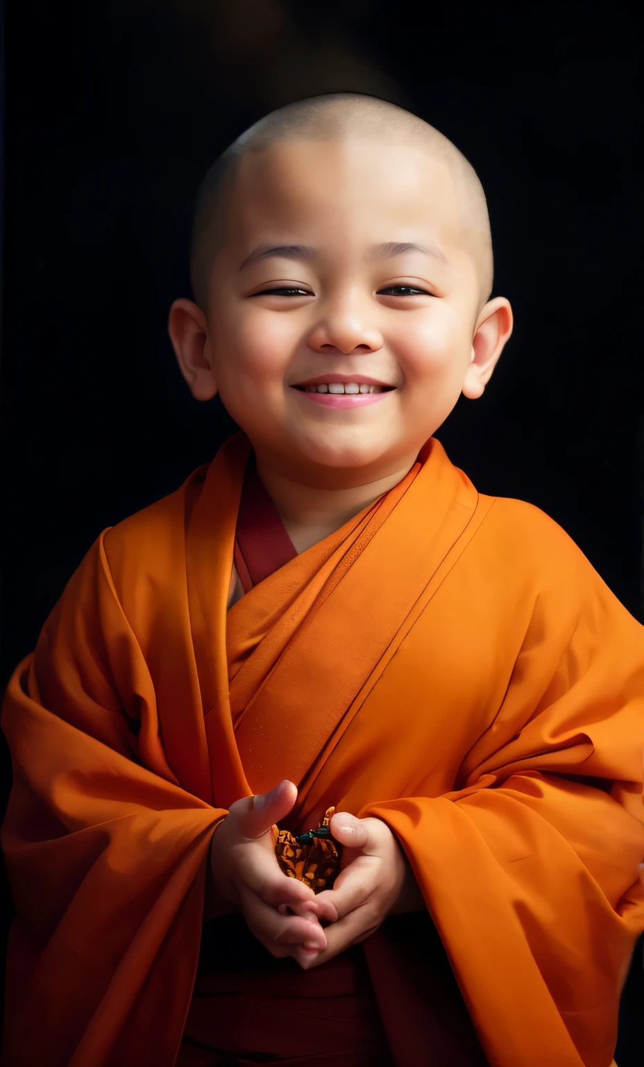 The Alafid child in an orange robe clasped his hands together,Buddhist,buddhist monk,portrait of monk,a serene smile,monk,monk clothes,Buddhism,portrait shooting,wearing brown robes,Serene expression,happy and spirited expression,with a beautiful smile,monk meditation,With a happy expression,close up portrait shot,Innocent smile,21st century monk