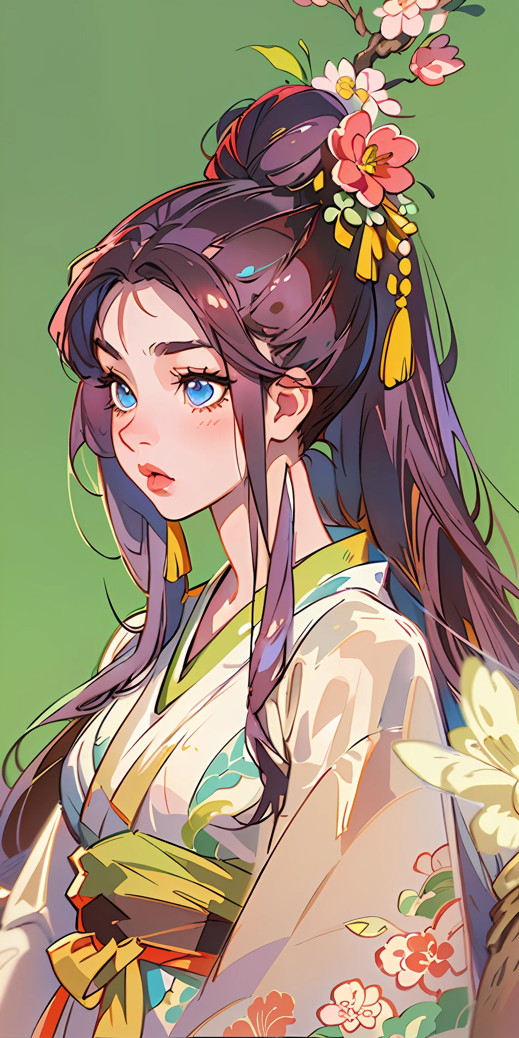 1 ancient Chinese woman,brunette color hair,(Hanfu、Hairstyles、hair-bun),pretty eyes,Peach blossom eyes,Blush,gorgeous hair accessory,Hua Dian,pastelcolor,Retro anime,1990s anime,tmasterpiece,Best quality