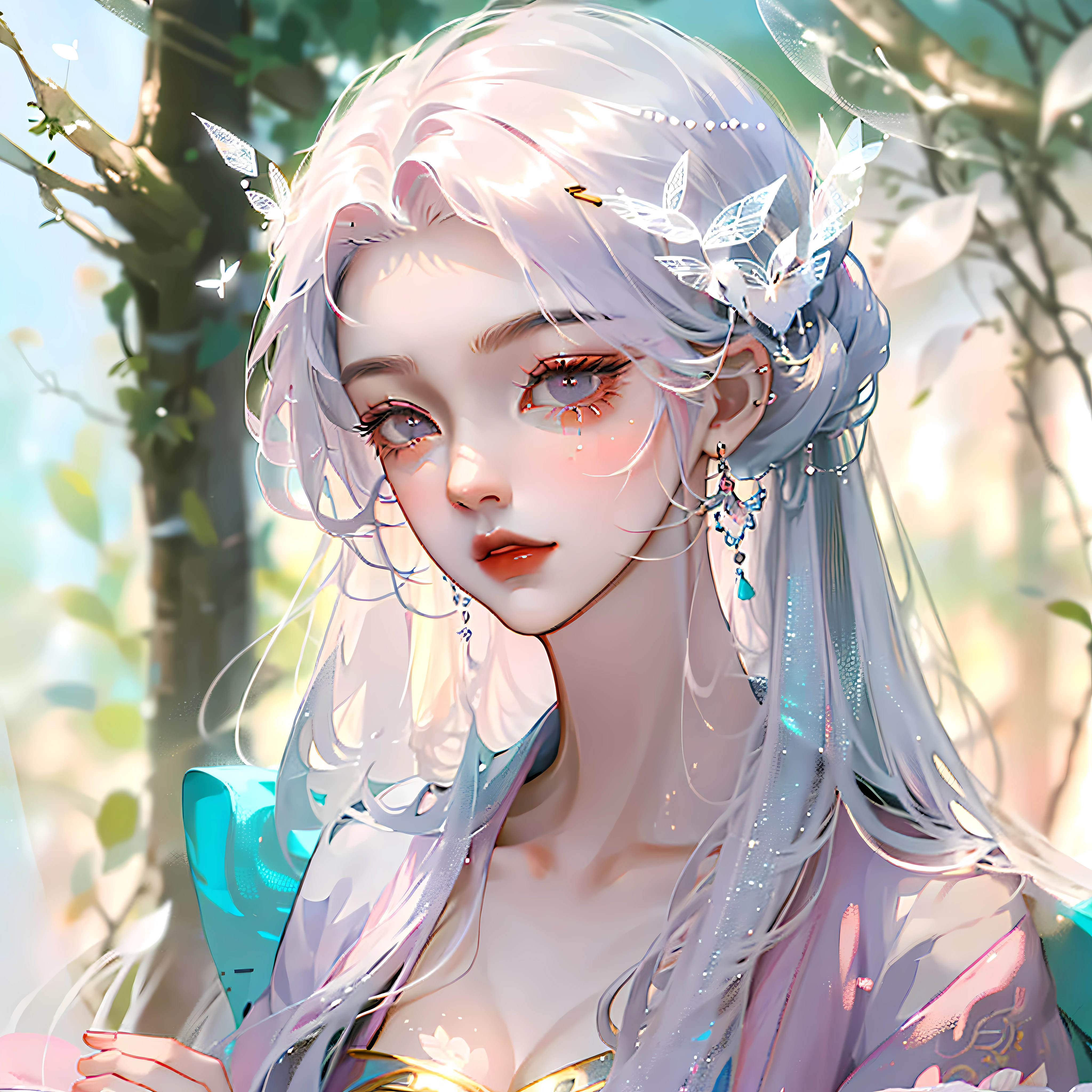 Yun Xian'er has a graceful figure, fair and silky skin, a delicate and moving appearance, her eyebrows are like butterflies, her eyes are like autumn water, the corners of her eyes are ghostly, her long hair is shawl, her skin is fair, her body is petite, her face is gentle and beautiful, her lips are slightly opened, her eyebrows are affectionate, and she exudes a fresh breath. Her nose bridge is straight, her lips are rosy and plump, slightly raised, exuding a confident and intelligent temperament, she is dressed in a lilac dress, slightly permeated with a light and elegant breath; Her hair is flicked on her shoulders, soft and bright like velvet, and her eyes seem to have endless wisdom, looking very heartwarming, masterpiece, the best quality