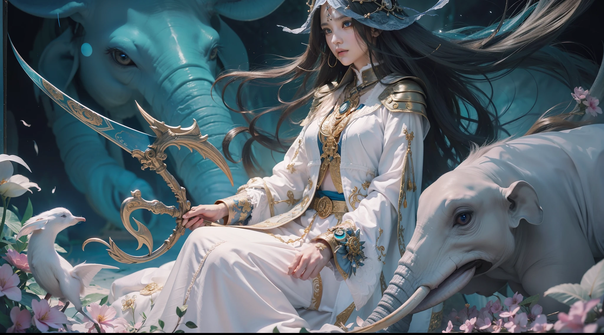 Magic Book,Blood,Night, Dark, (Fantasy),infinite,deep blue sky,The abyss of knowledge,Cowledge,((masutepiece)), (((Best Quality))),((Beautiful fine eyes)),(Eye lashes)、very beautiful face、Beautiful girl riding a huge white elephant、(女の子1人)、Black hair、The long-haired、abyss eyes、glowy skin、oils、small tits、Perfect human body structure、Wizard robes、tattered cloth、Realistic coat、Teenchi、elvish、Super delicate CG Unity 32k wallpaper、masterpiece, ((ultra-detailliert)), ((illustratio)),colourfull,wall-paper,The energy,Unknown terror,Incomprehensible,Around the magic,Magical surroundings,magic wands,Boken,Flying pages,Know everything,Predict the future、Get to know the past、Infinite wisdom、blue flames、Warlock、magic circles、Pentagram、Spells、mantra、Singing magic