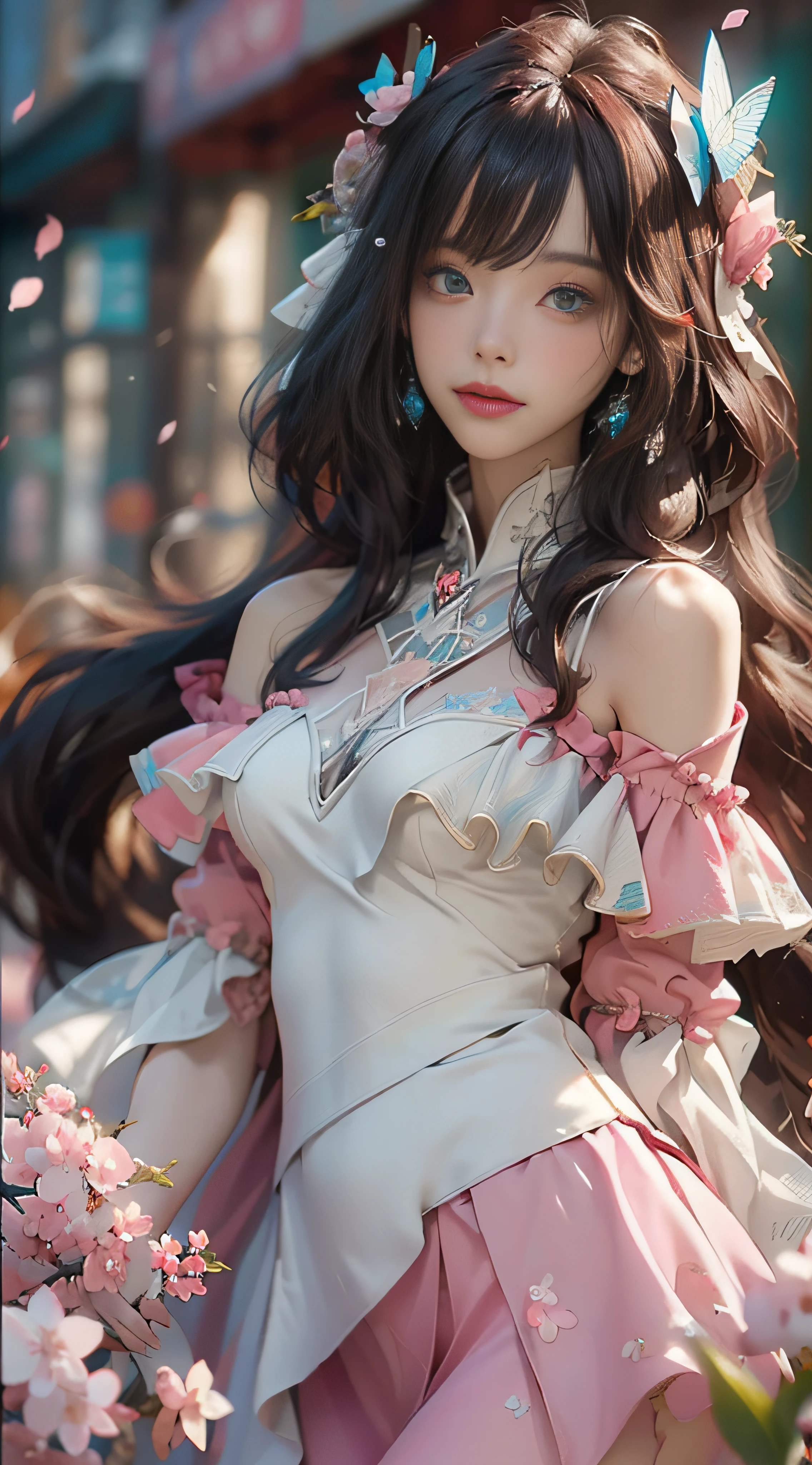 ((best qualtiy)), ((tmasterpiece)), (detail:1.4), Beautiful cyberpunk female images,hdr(HighDynamicRange),Ray traching,NVIDIA RTX,Hyper-Resolution,illusory 5,sub surface scattering,PBR textures,post-proces,Anisotropy Filtering,depth of fields,maximum definition and sharpness,Many-Layer Textures,Albedo e mapas Speculares,Surface coloring,Mitsu-Accurate simulation of material interactions,perfectly proportioned,rendering by octane,Two-colored light,largeaperture,Low ISO,White balance,Rule three points、8K raw data、Beautiful bright blue pupils,off-the-shoulder clothes,Fine pupils,Delicate face and eyes,long eyelasher,Blushlush,Delicate and fluffy hair,pink lip,Pure,Cute face,Sweet girl,Artistic sense,Casual wear,Advancedsense,butterflys,Cherry blossom petal,Beautiful hair accessories,Long hair and waist,Hair fluttering in the wind,wedding gown,curlies