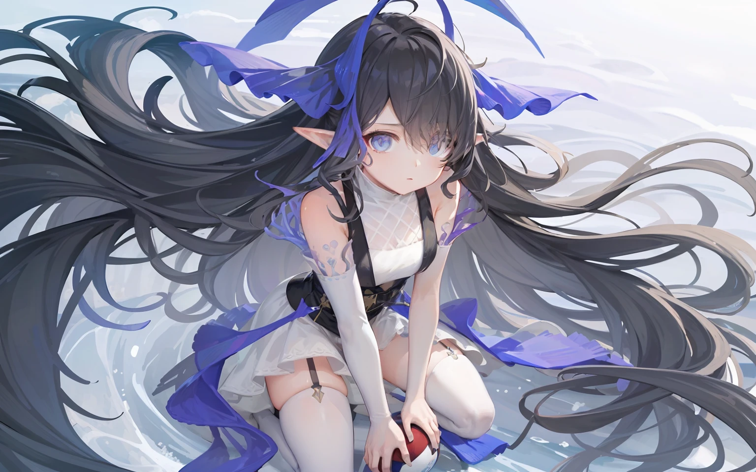 masterpiece, perfect, 1girl, long hair, white thighhighs, black hair,coral,pointy ears, blue horns,grey eyes, blue eyes, multicolored hair,head fins, standing with holding ball, beach background, perfect lighting, perfect light condition