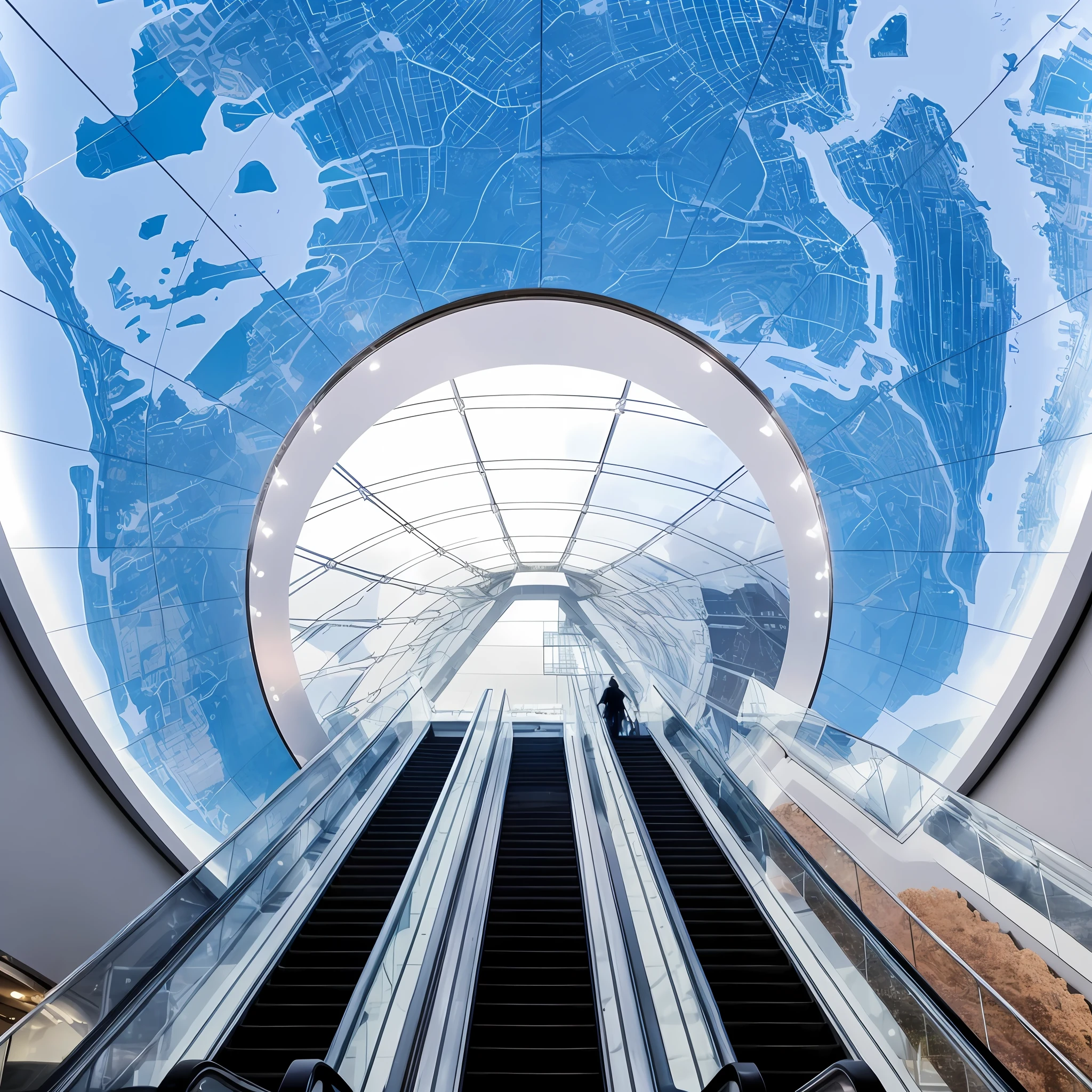 Alafid view of a large glass dome with a map, futuristic cyber subway station, cool skydome, foster and partners, escalators, Earth's interior, photograph taken in 2 0 2 0, on a futuristic shopping mall, View from below, architectural photography, architectural photography, Dome, look from down, Grand Central Station, New York，view from bottom to top